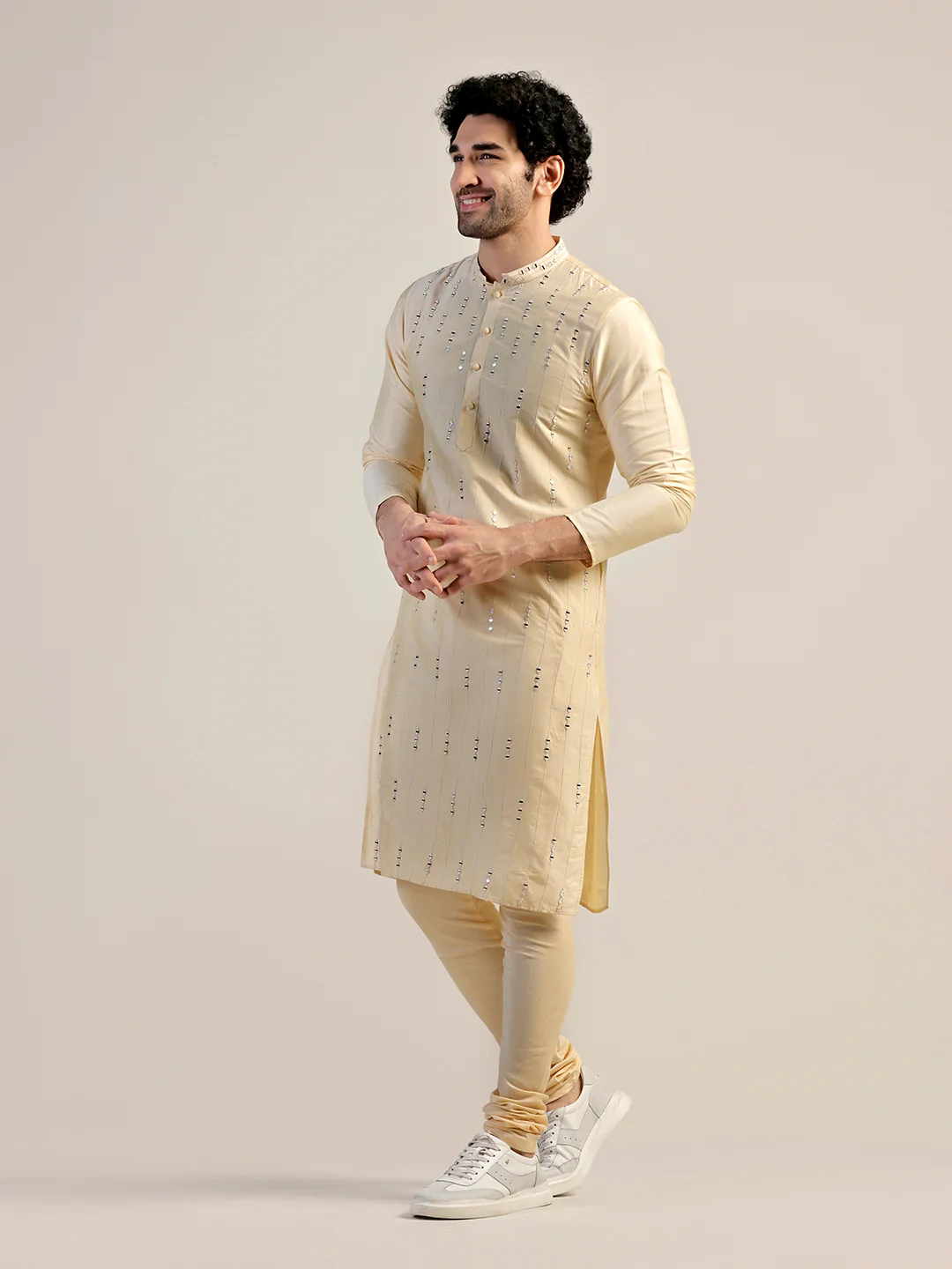 Cream Silk Blend Sequinned Kurta - Image 2