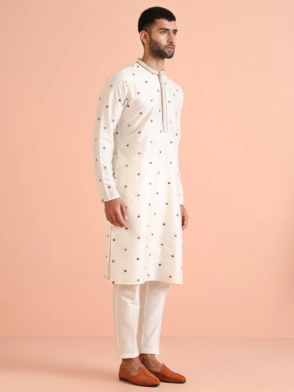 Cream Cotton Embroidered Kurta Trouser Set - Image 2