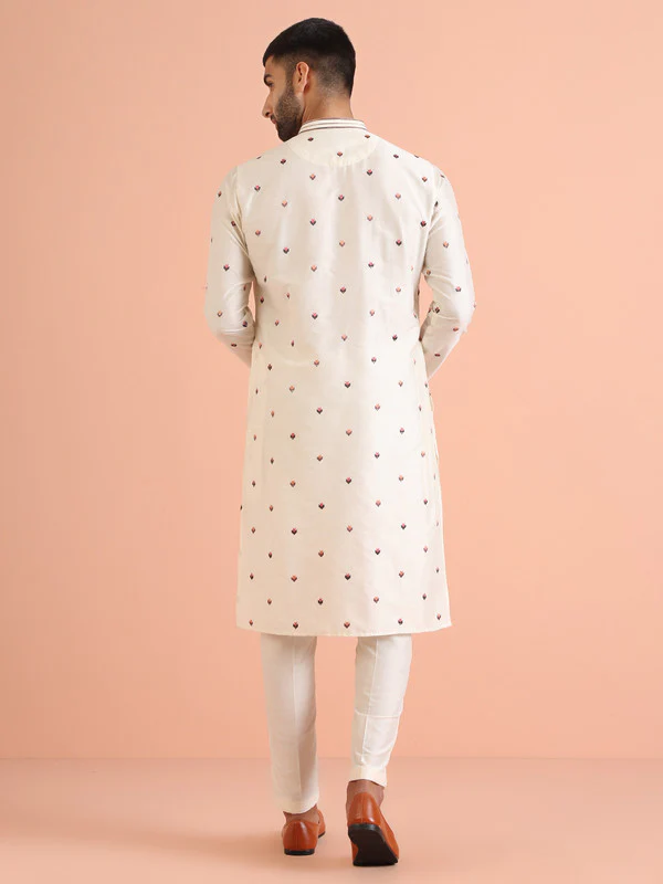 Cream Cotton Embroidered Kurta Trouser Set - Image 4
