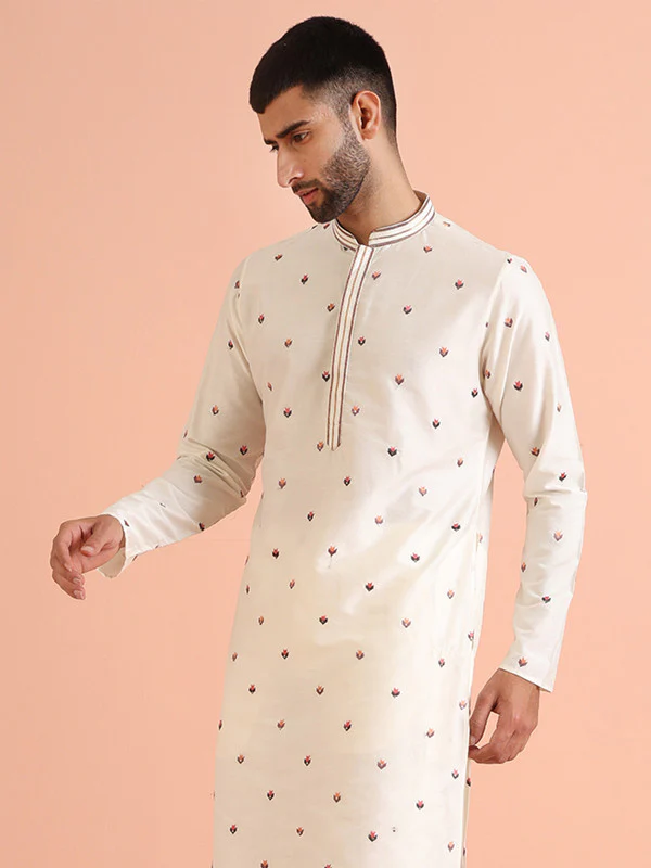 Cream Cotton Embroidered Kurta Trouser Set - Image 5