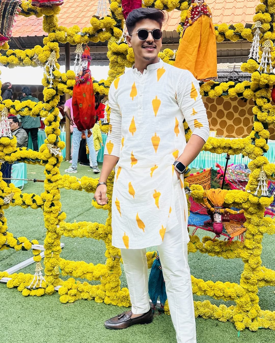 White Cotton Kurta Set with Mustard Ikat-Inspired Prints and Cream Trousers Festive & Wedding Ensemble