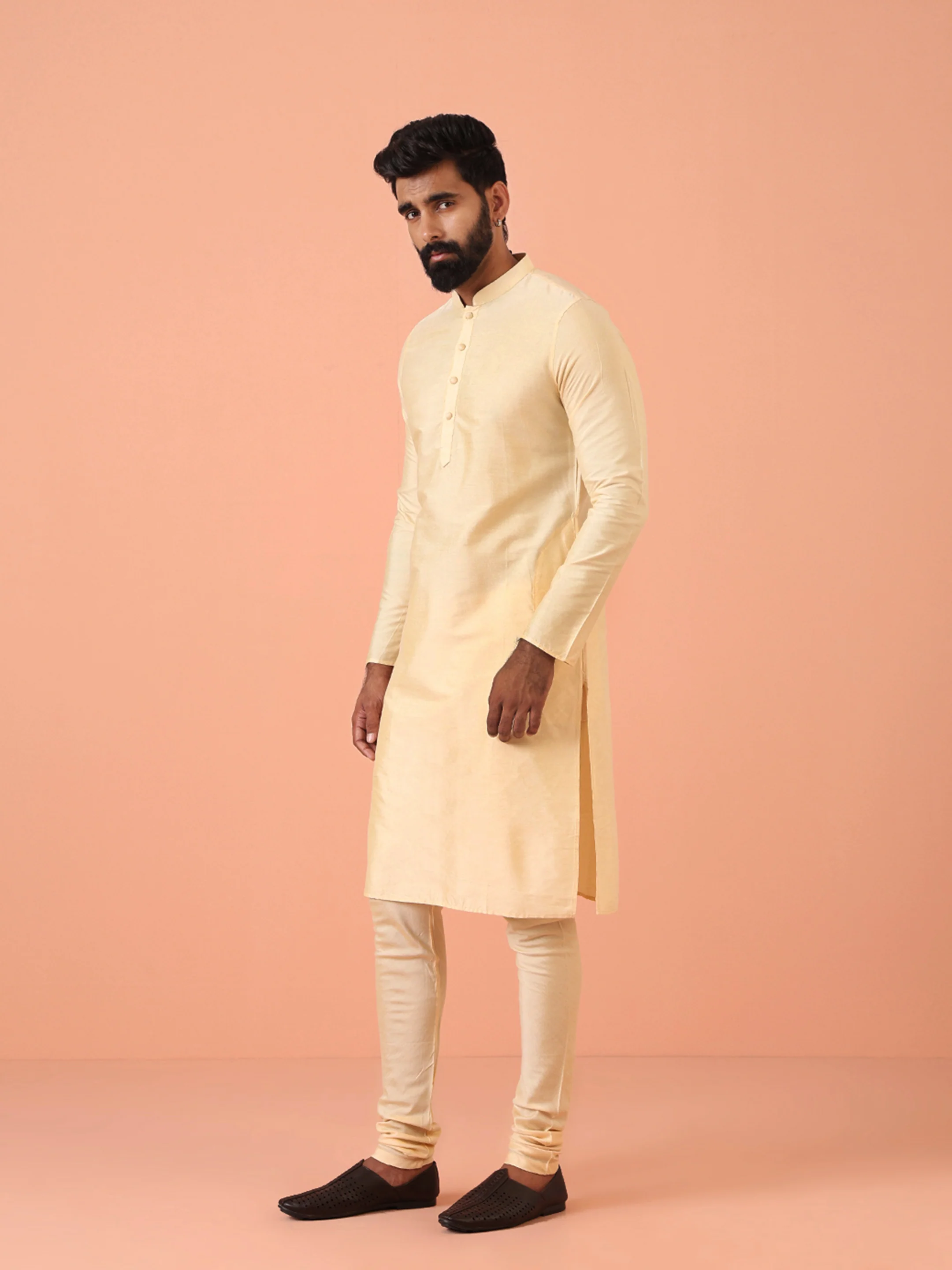 Beige Silk Blend Solid Long Kurta - Image 2