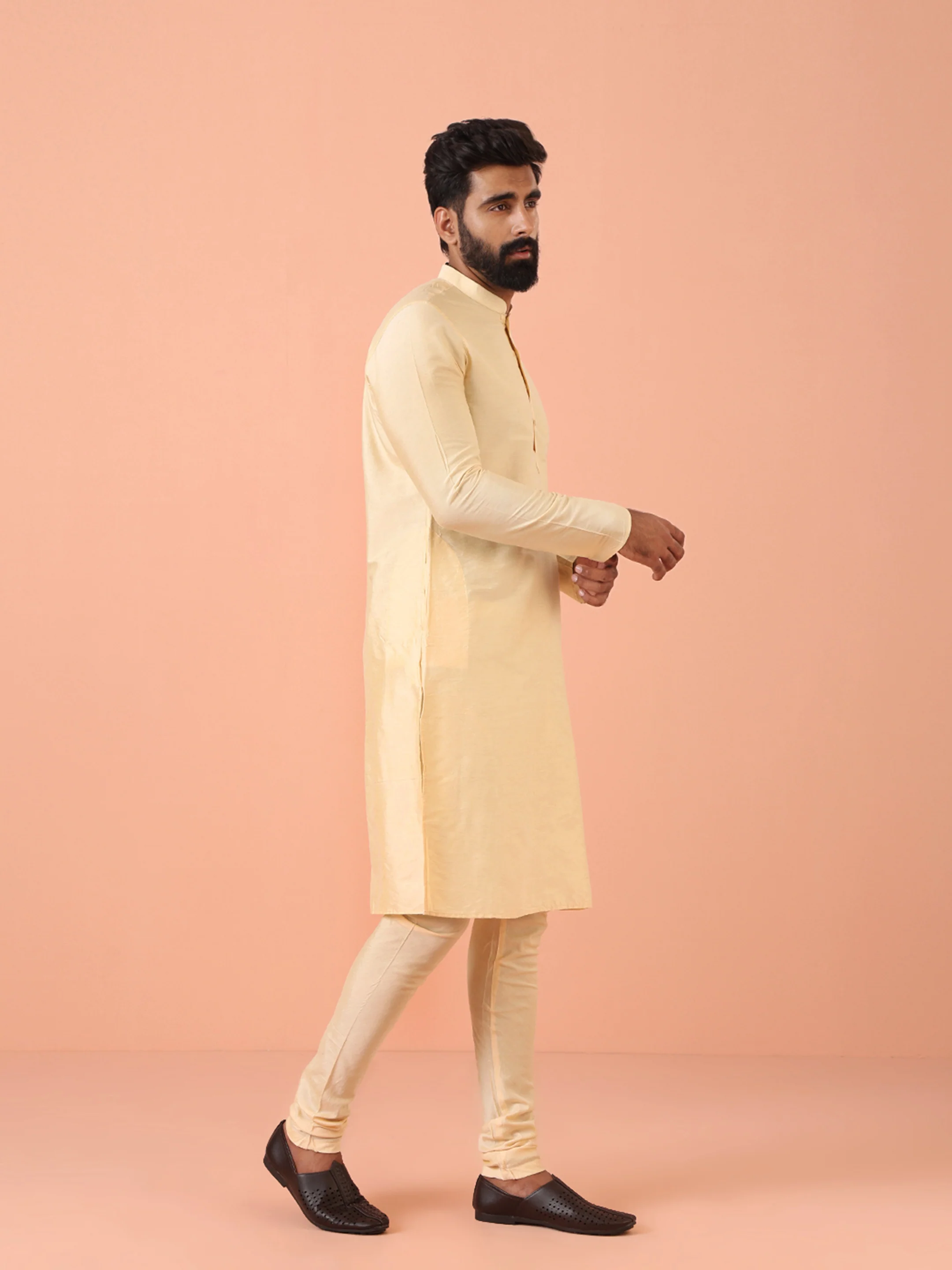 Beige Silk Blend Solid Long Kurta - Image 3