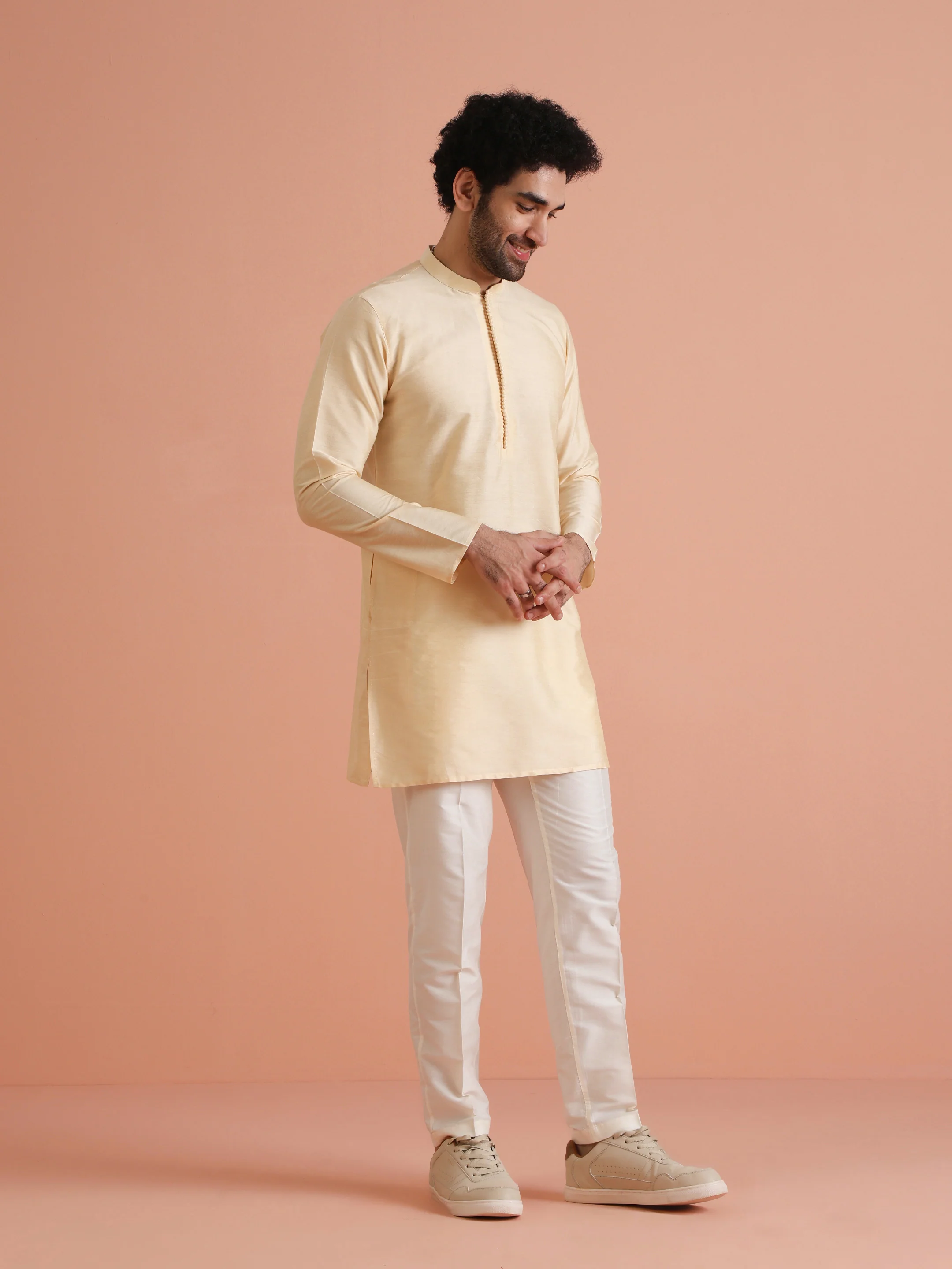 Beige Silk Blend Solid Mid Kurta - Image 2