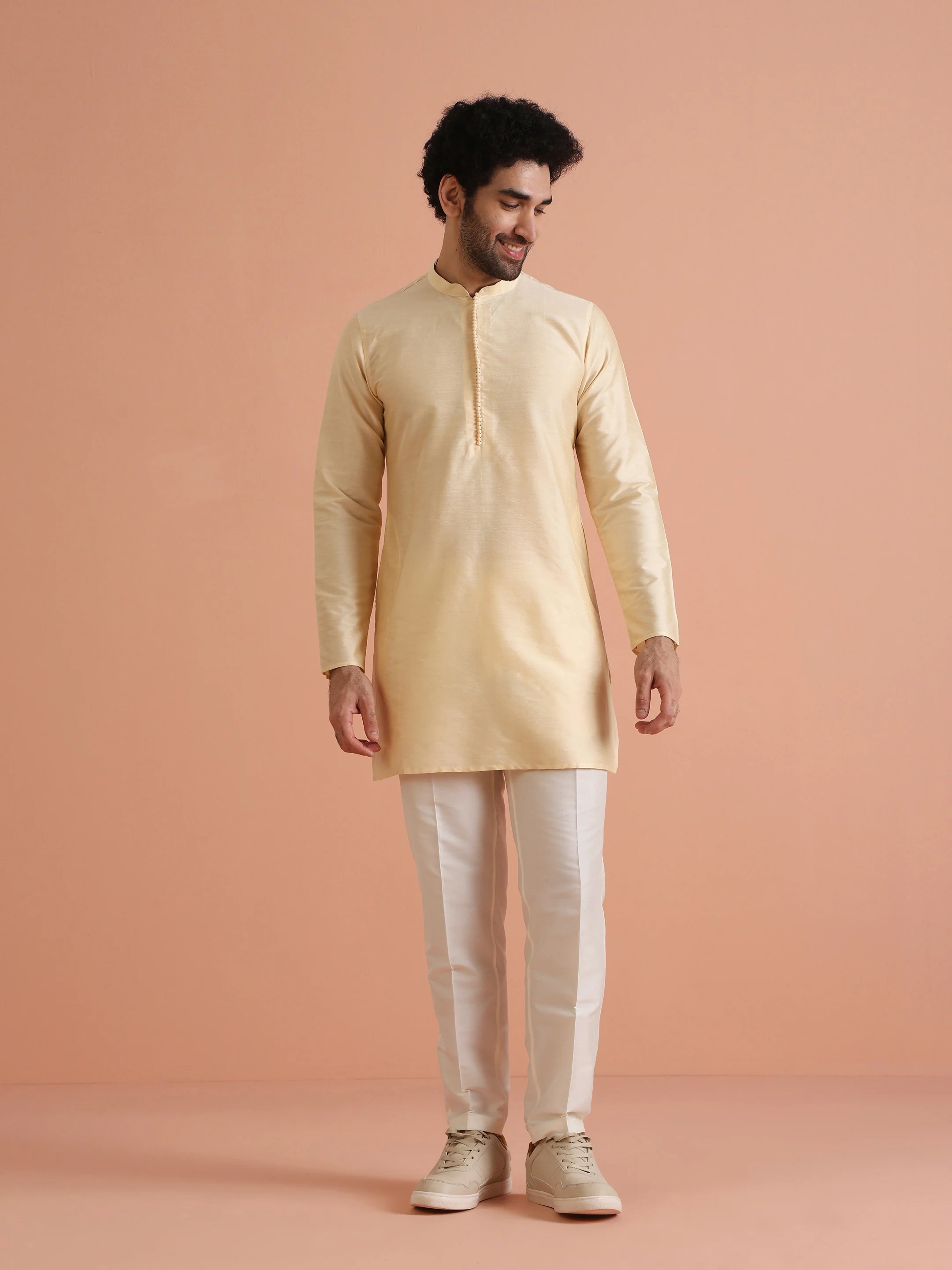 Beige Silk Blend Solid Mid Kurta - Image 6