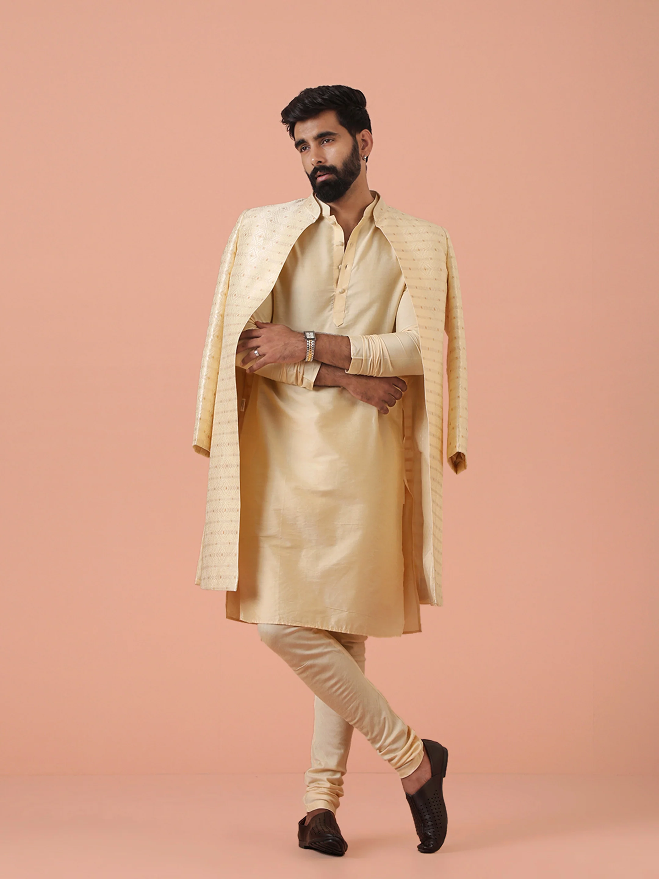 Men Cream Self Design Kurta Indowestern Churidar Set