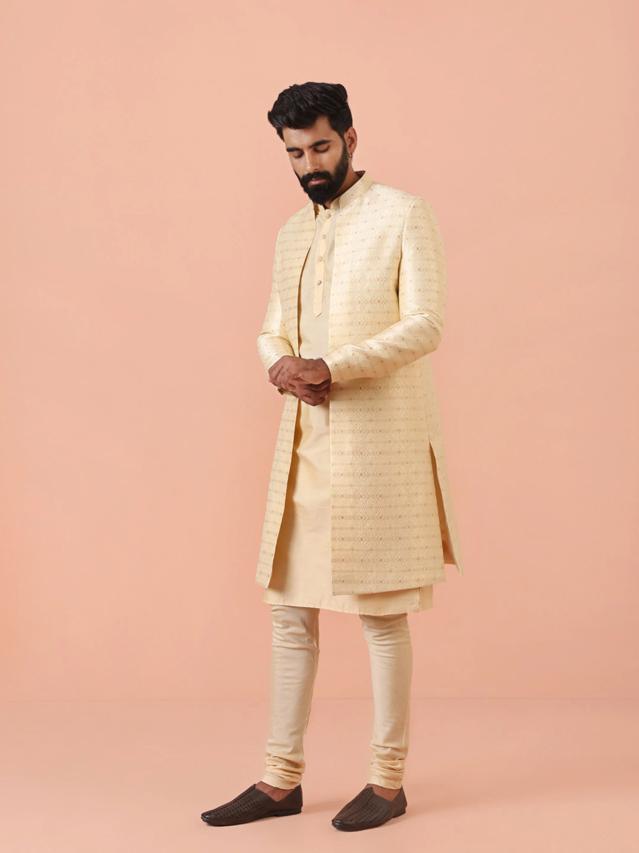 Men Cream Self Design Kurta Indowestern Churidar Set - Image 3