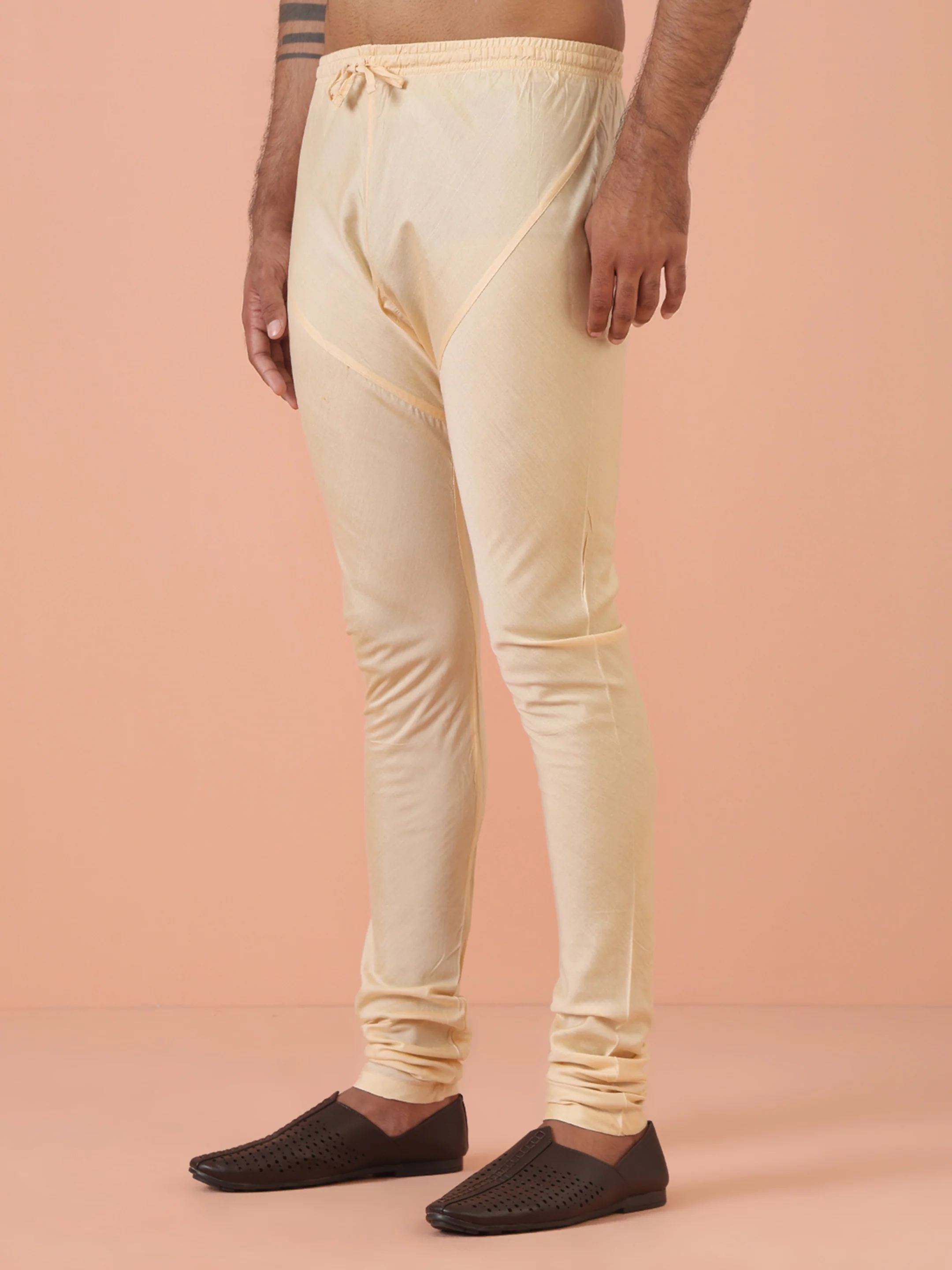 Men Cream Self Design Kurta Indowestern Churidar Set - Image 6