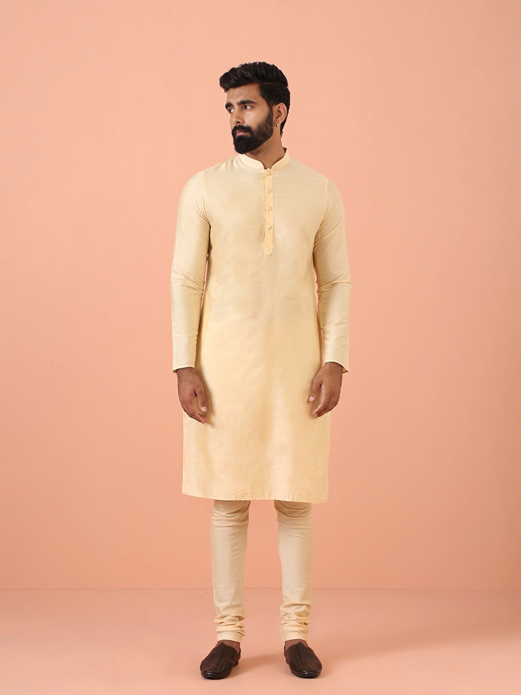 Beige Silk Blend Solid Kurta Churidar Set