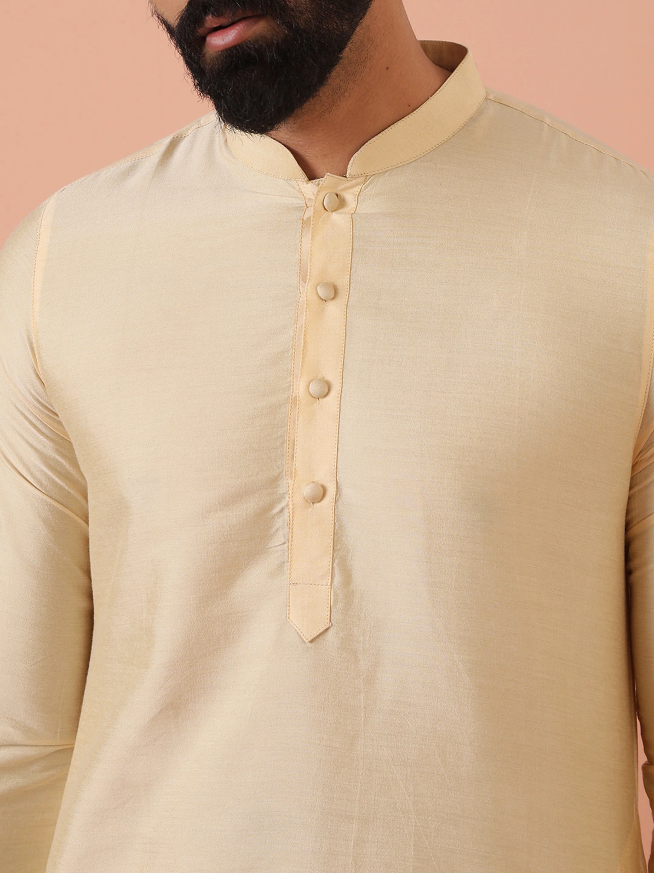 Beige Silk Blend Solid Kurta Churidar Set - Image 5