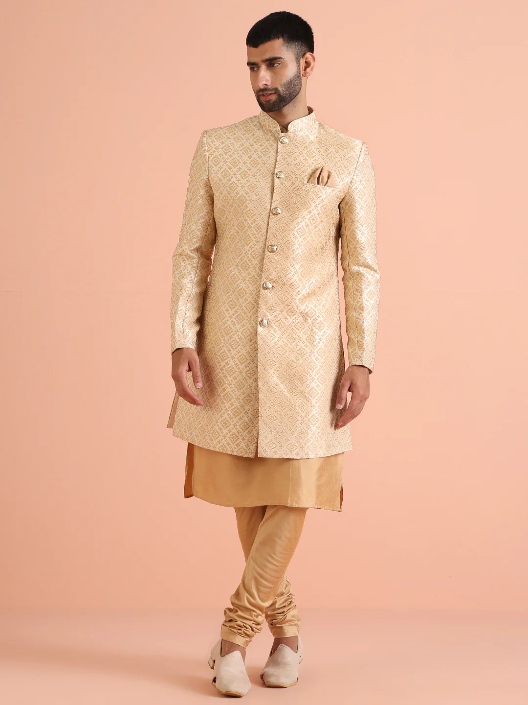 Men Gold Kurta Indowestern Churidar Set