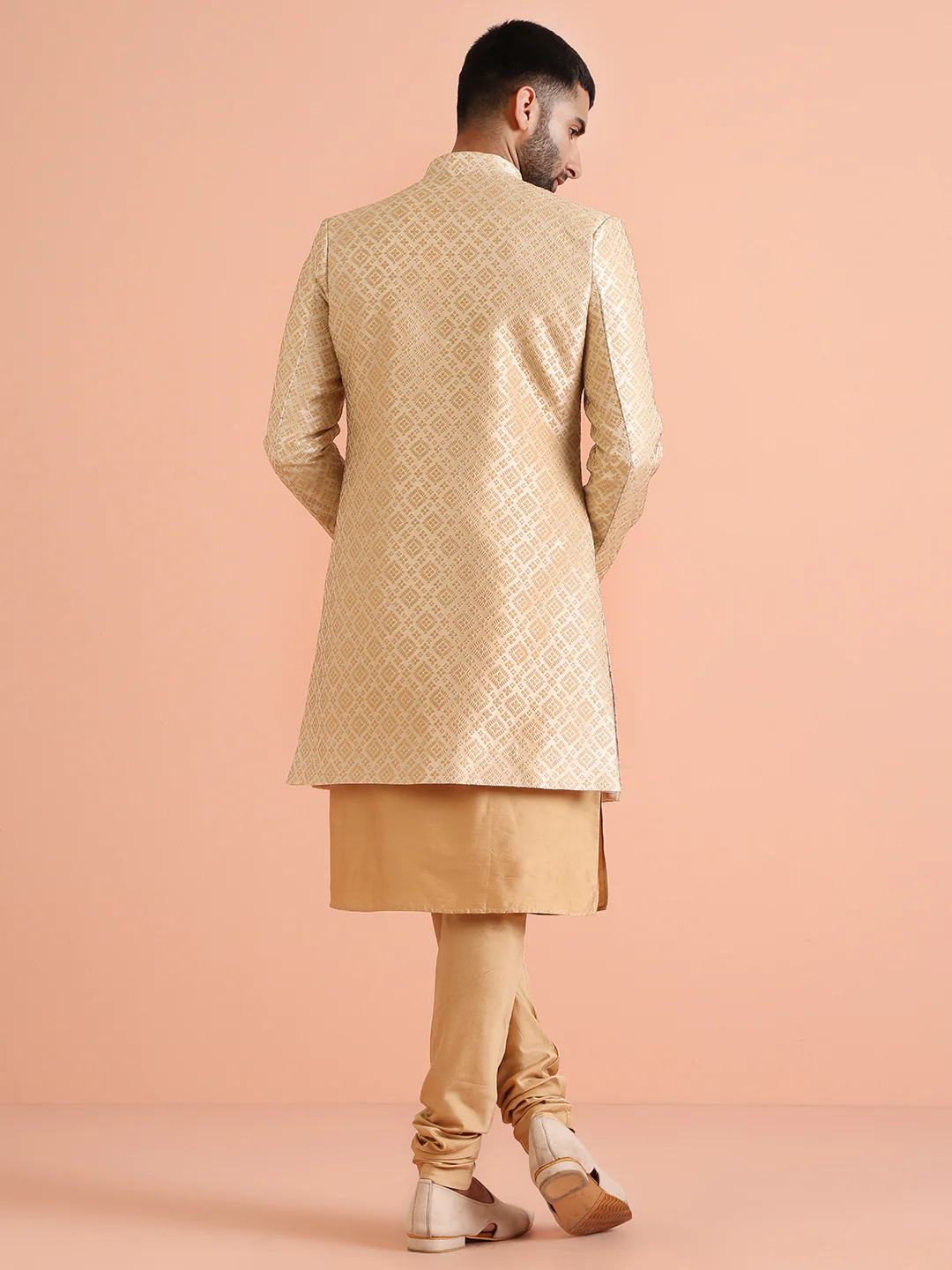 Men Gold Kurta Indowestern Churidar Set - Image 4