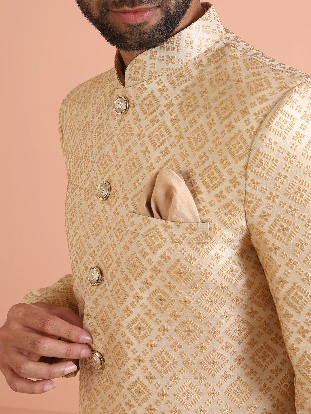 Men Gold Kurta Indowestern Churidar Set - Image 6