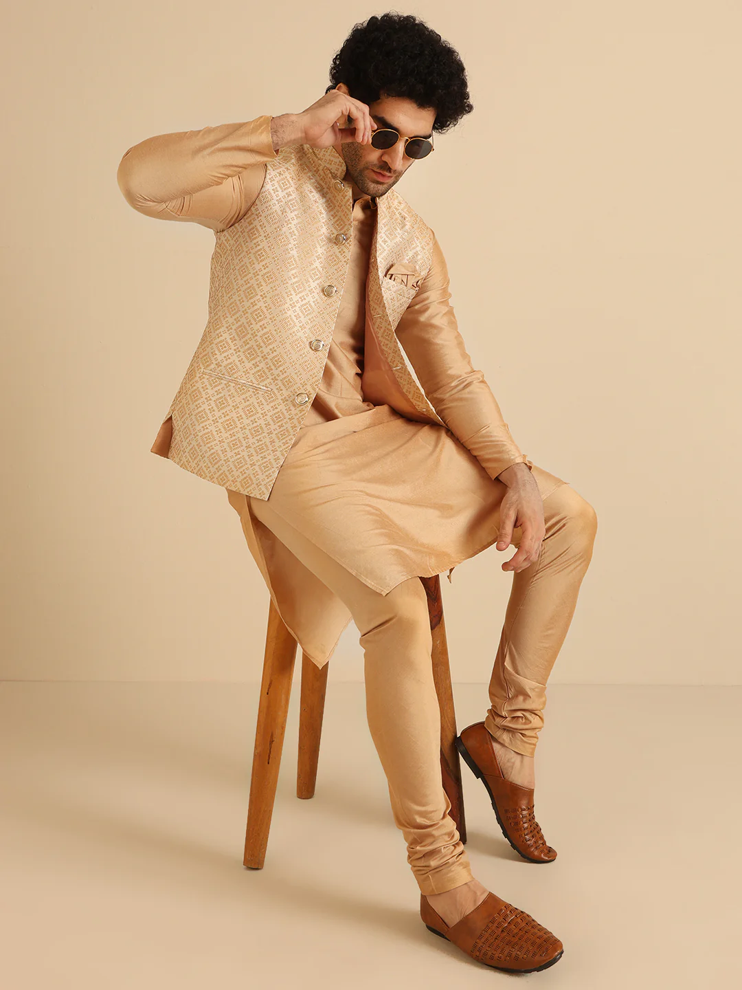 Gold Silk Blend Textured Nehru Jacket Kurta Churidar