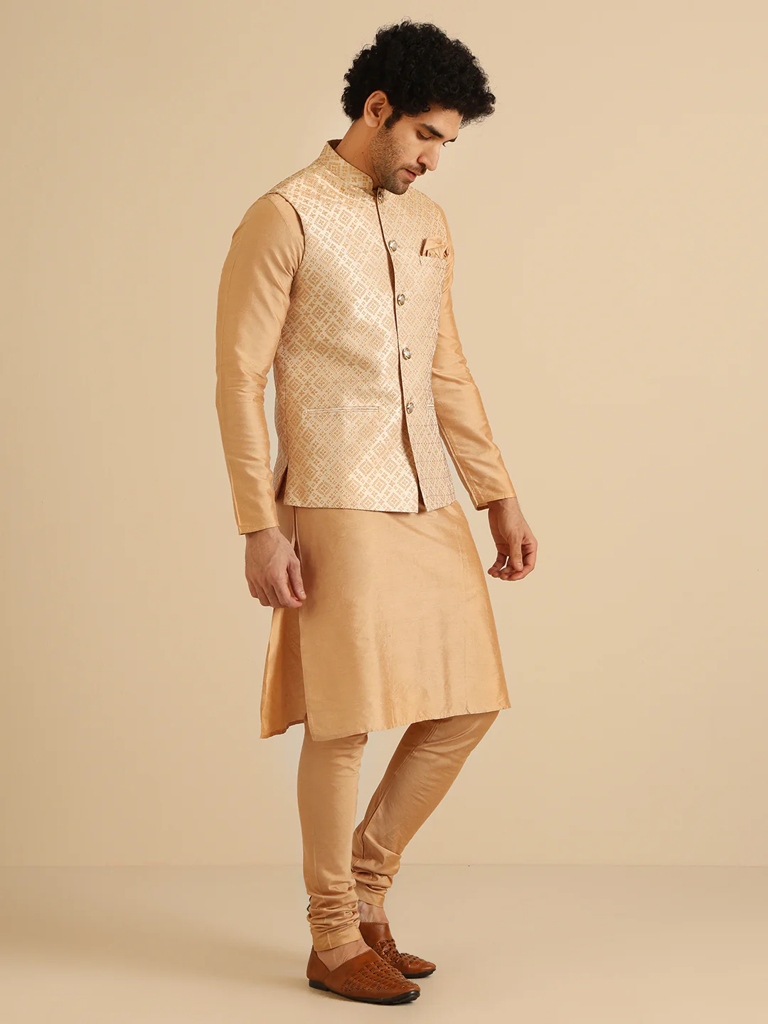 Gold Silk Blend Textured Nehru Jacket Kurta Churidar - Image 4