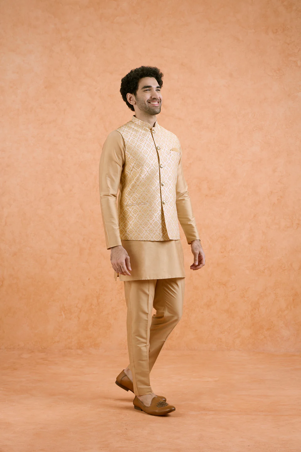Beige Cotton Silk Textured Nehru Jacket - Image 3