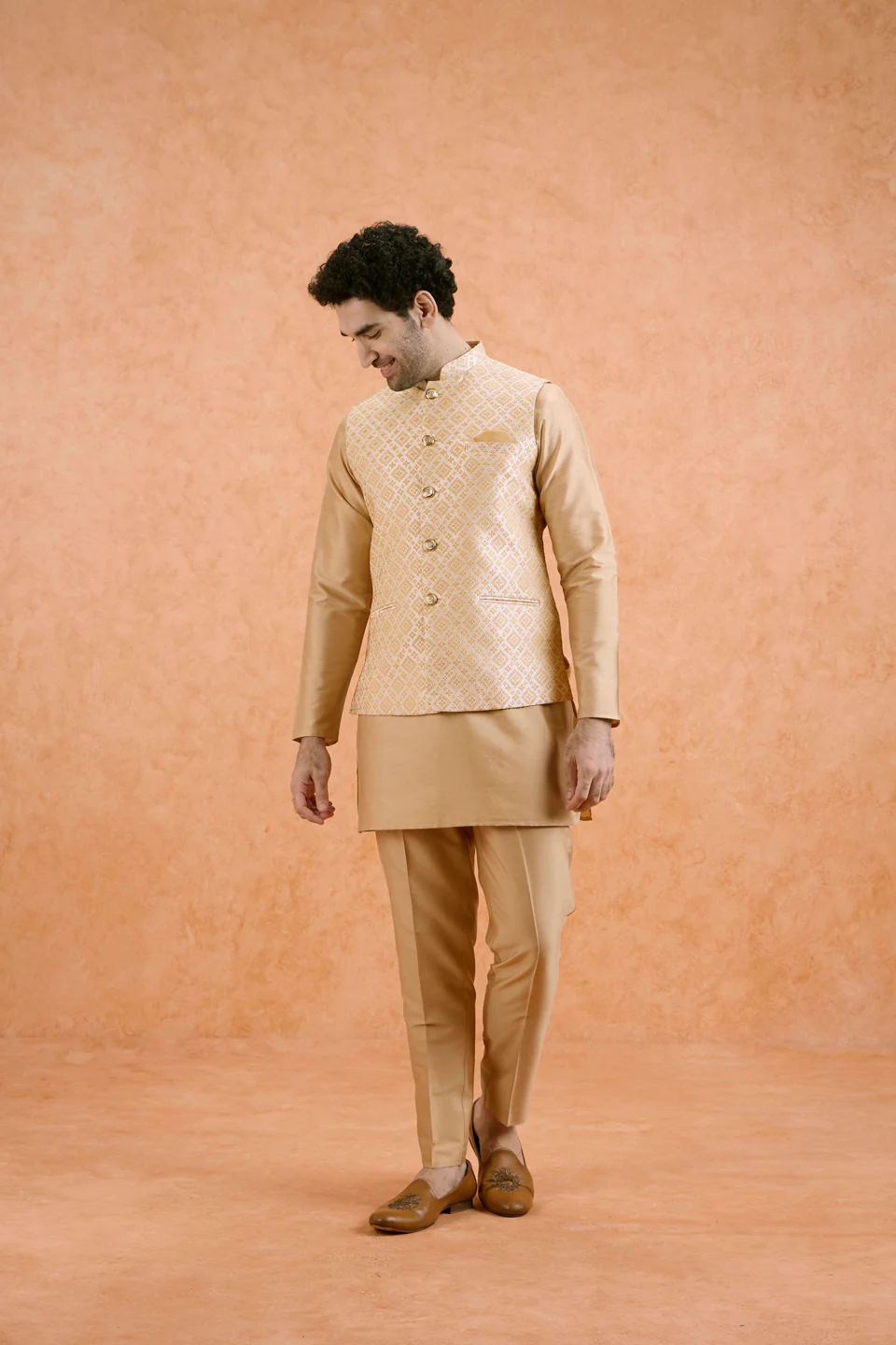 Beige Cotton Silk Textured Nehru Jacket - Image 6