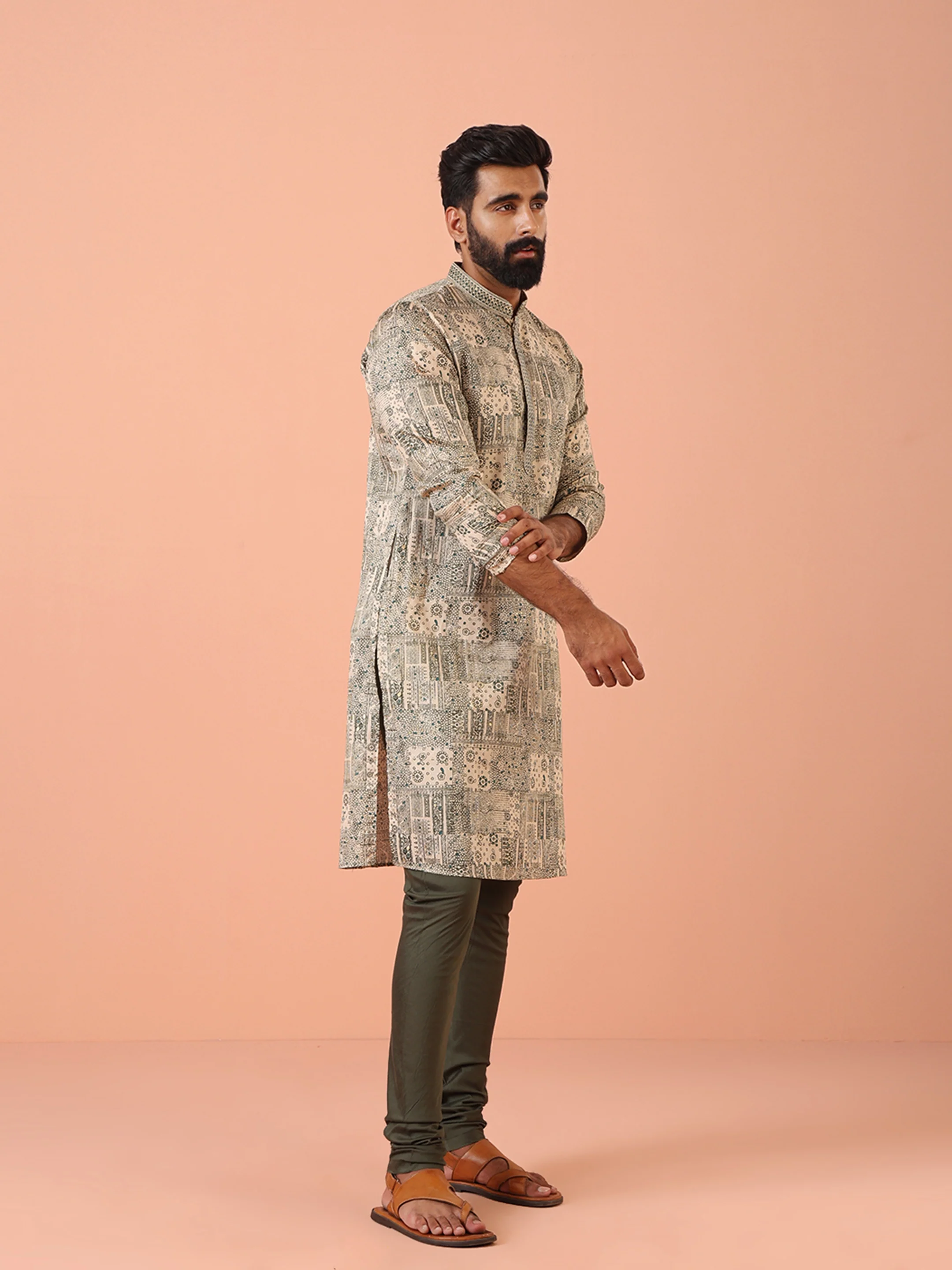 Men Green Abstract Kurta Churidar Set - Image 3