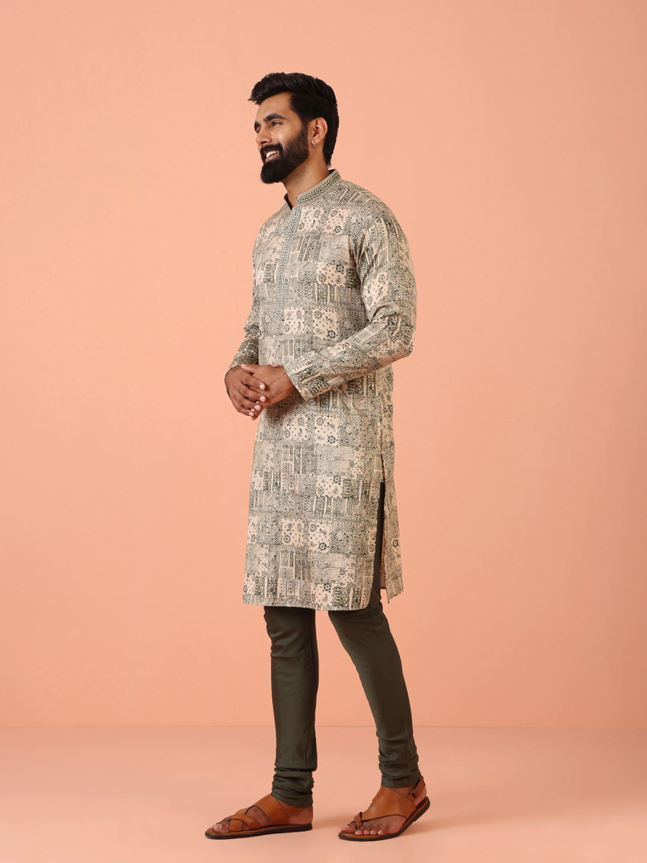 Men Green Abstract Kurta Churidar Set - Image 4