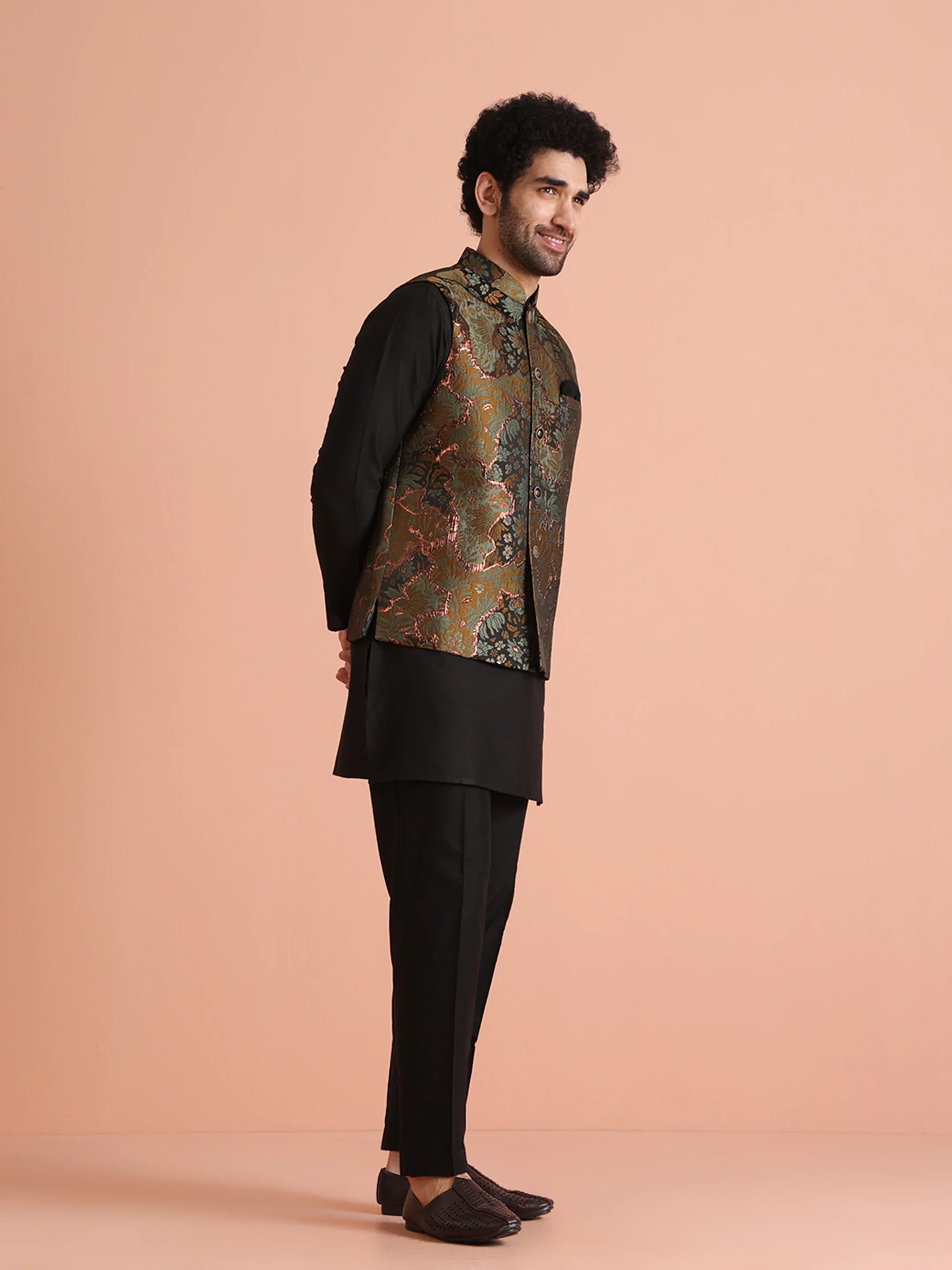 Black Cotton Silk Metallic Sherwani Jacket Kurta Set - Image 3