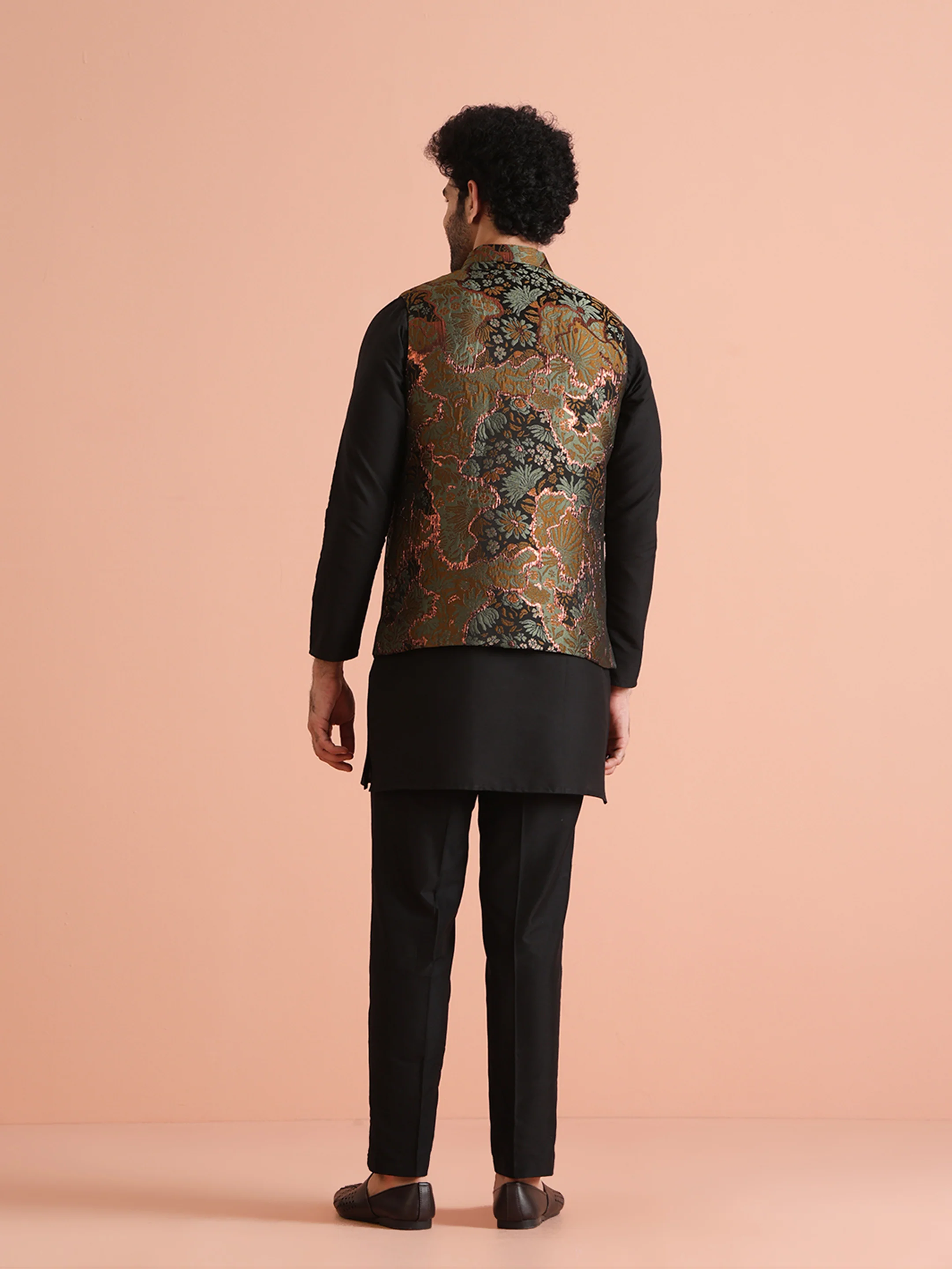 Black Cotton Silk Metallic Sherwani Jacket Kurta Set - Image 5