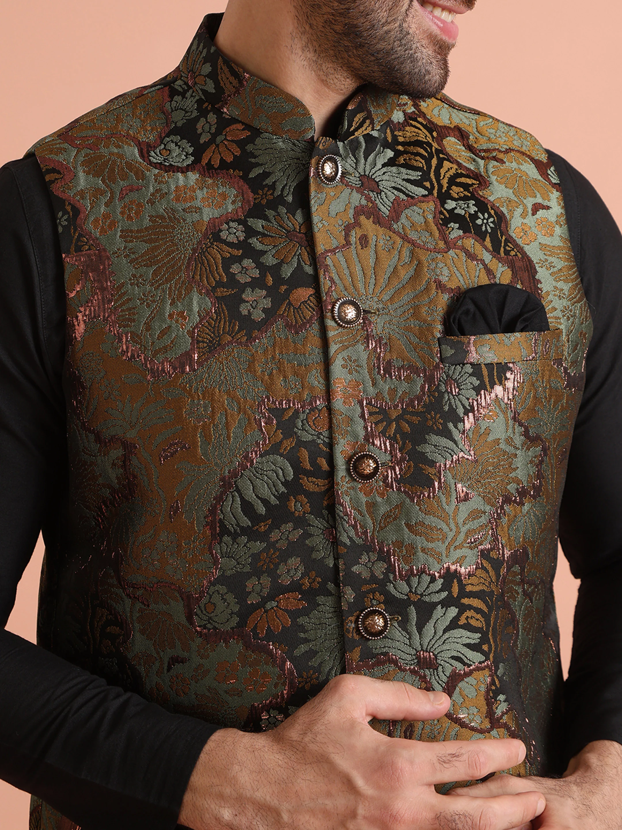 Black Cotton Silk Metallic Sherwani Jacket Kurta Set - Image 6