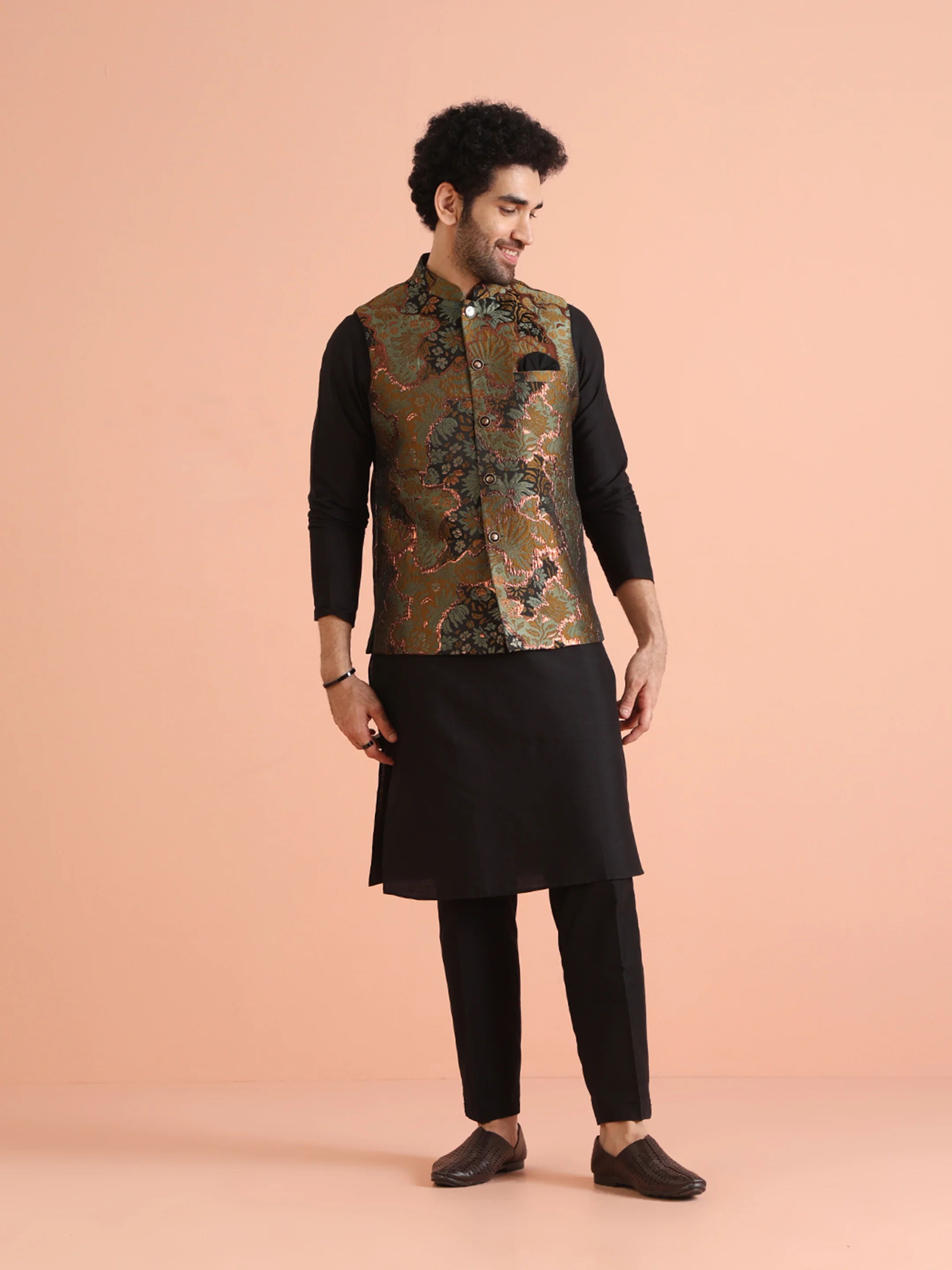 Multi Abstract Jacquard Jacket Kurta Set - Image 2