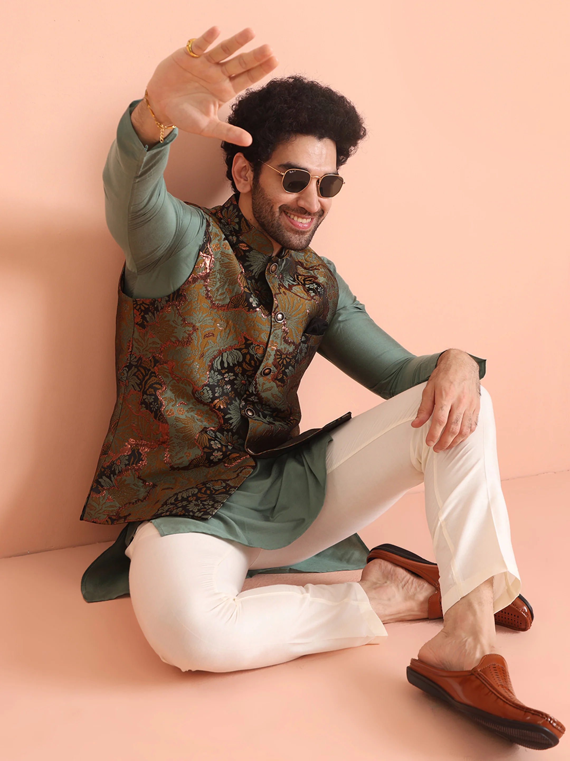 Green Art Silk Printed Jacket Kurta Trouser Set