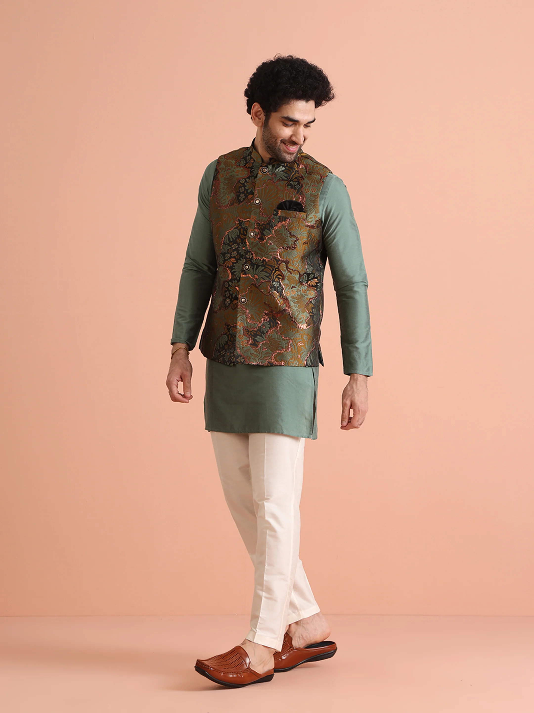 Green Art Silk Printed Jacket Kurta Trouser Set - Image 2