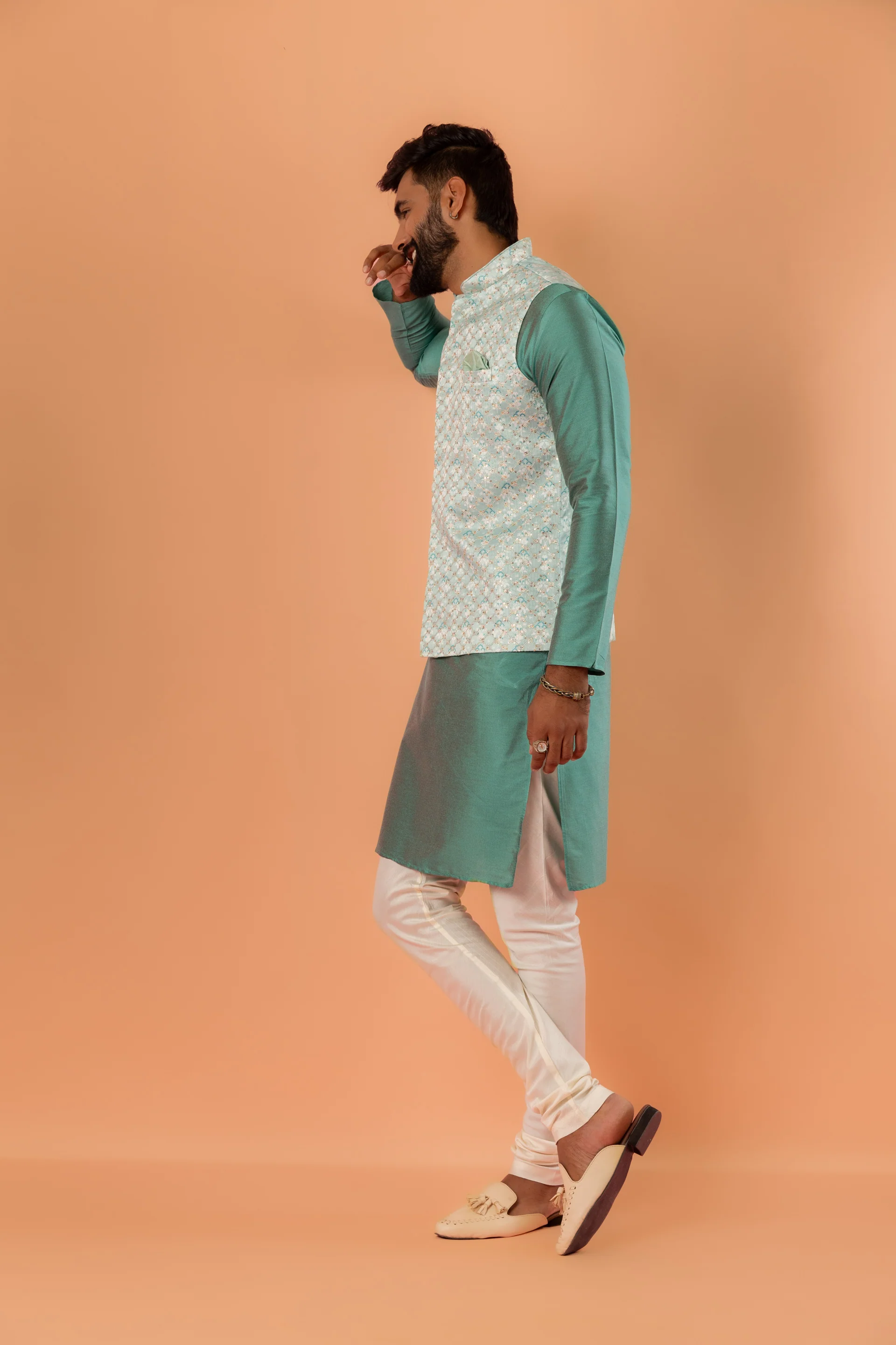 Green Jacket Kurta Churidar Set - Image 3