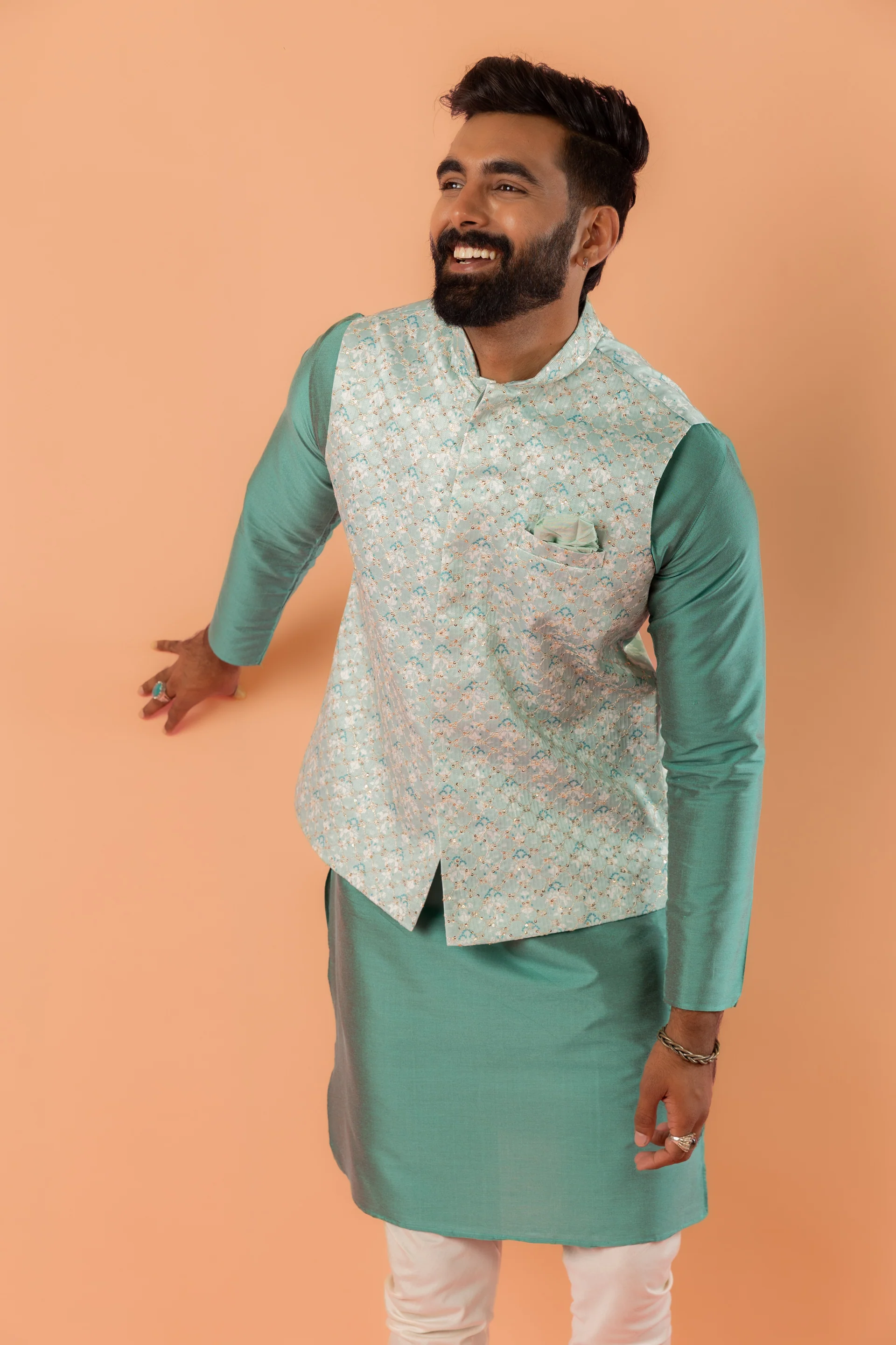 Green Jacket Kurta Churidar Set - Image 8