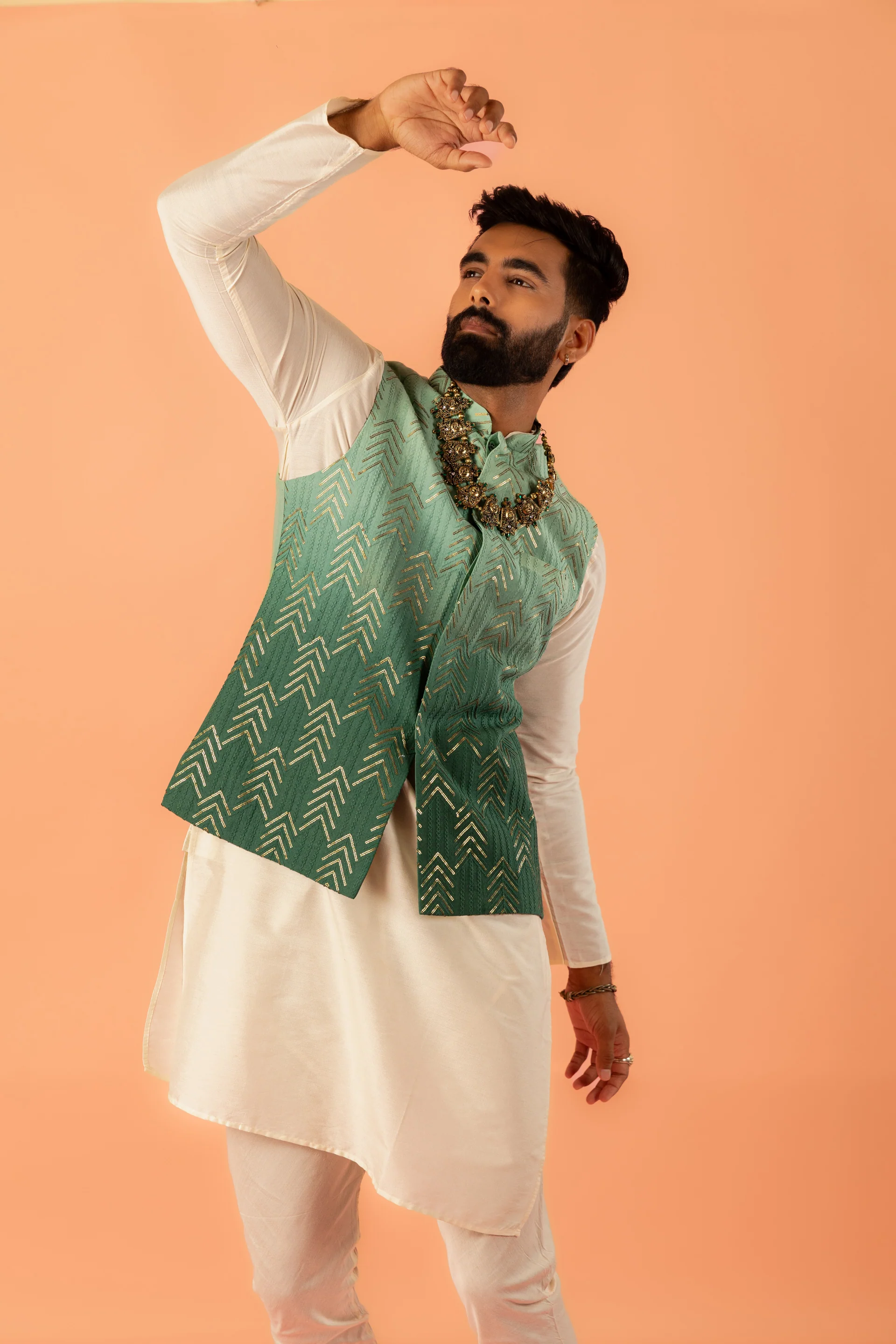 Men Green Embroidered Kurta Jacket Churidar Set with Sequinned - Image 8