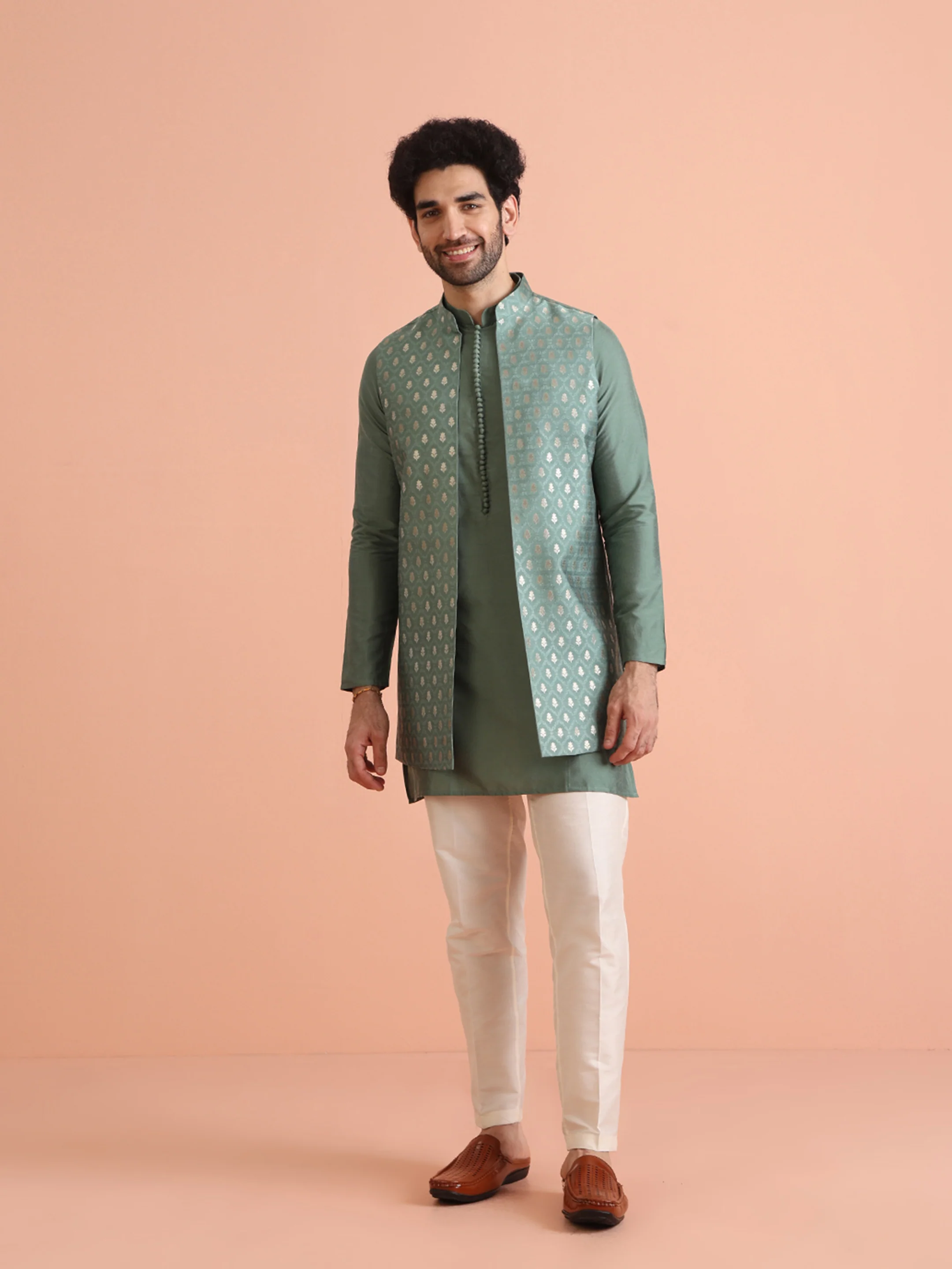 Green Silk Blend Woven Jacket Kurta Trouser Set
