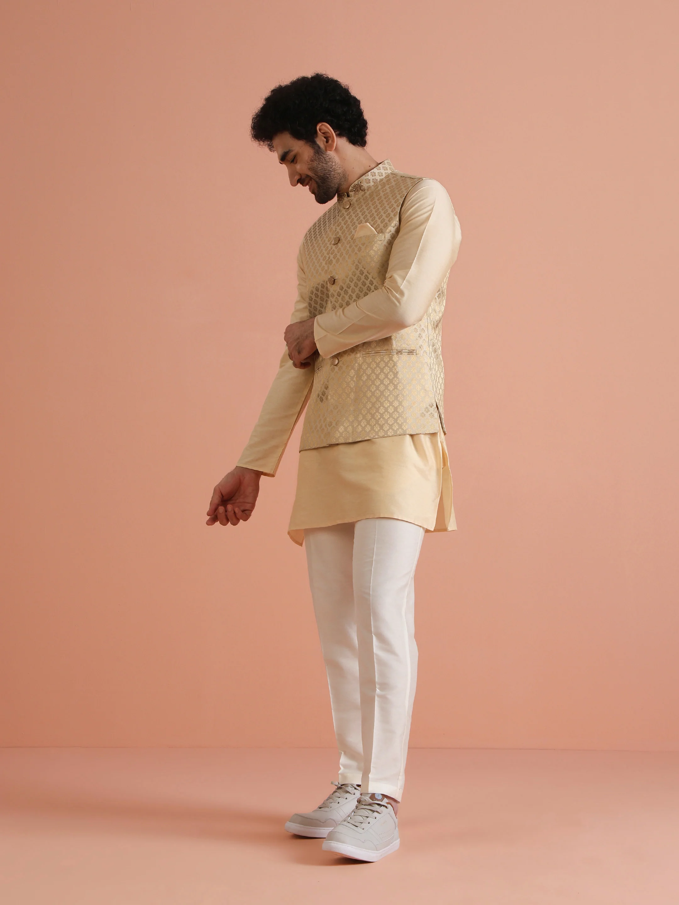Beige Ethnic Motifs Nehru Jacket Kurta Set - Image 3