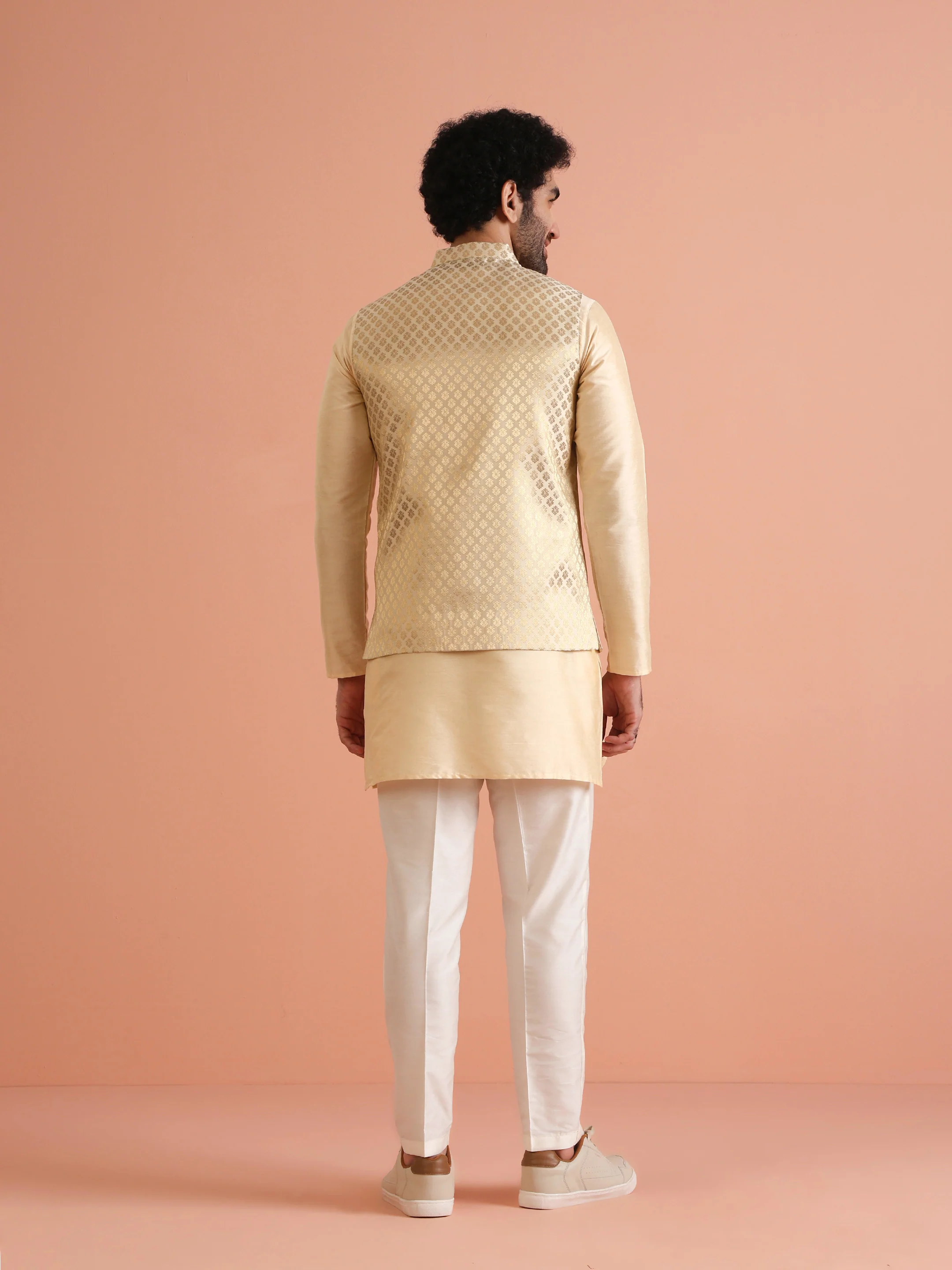 Beige Ethnic Motifs Nehru Jacket Kurta Set - Image 4