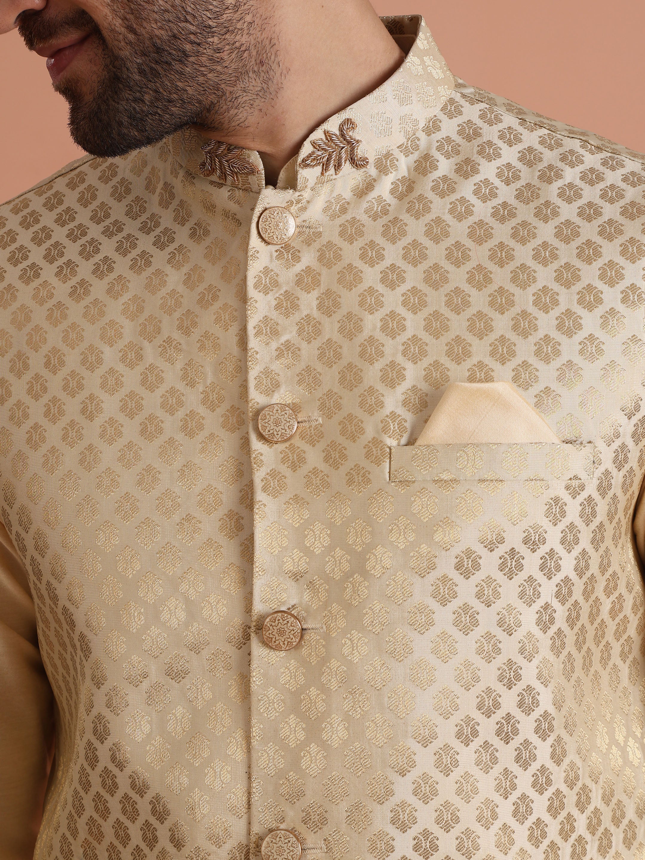 Beige Ethnic Motifs Nehru Jacket Kurta Set - Image 5