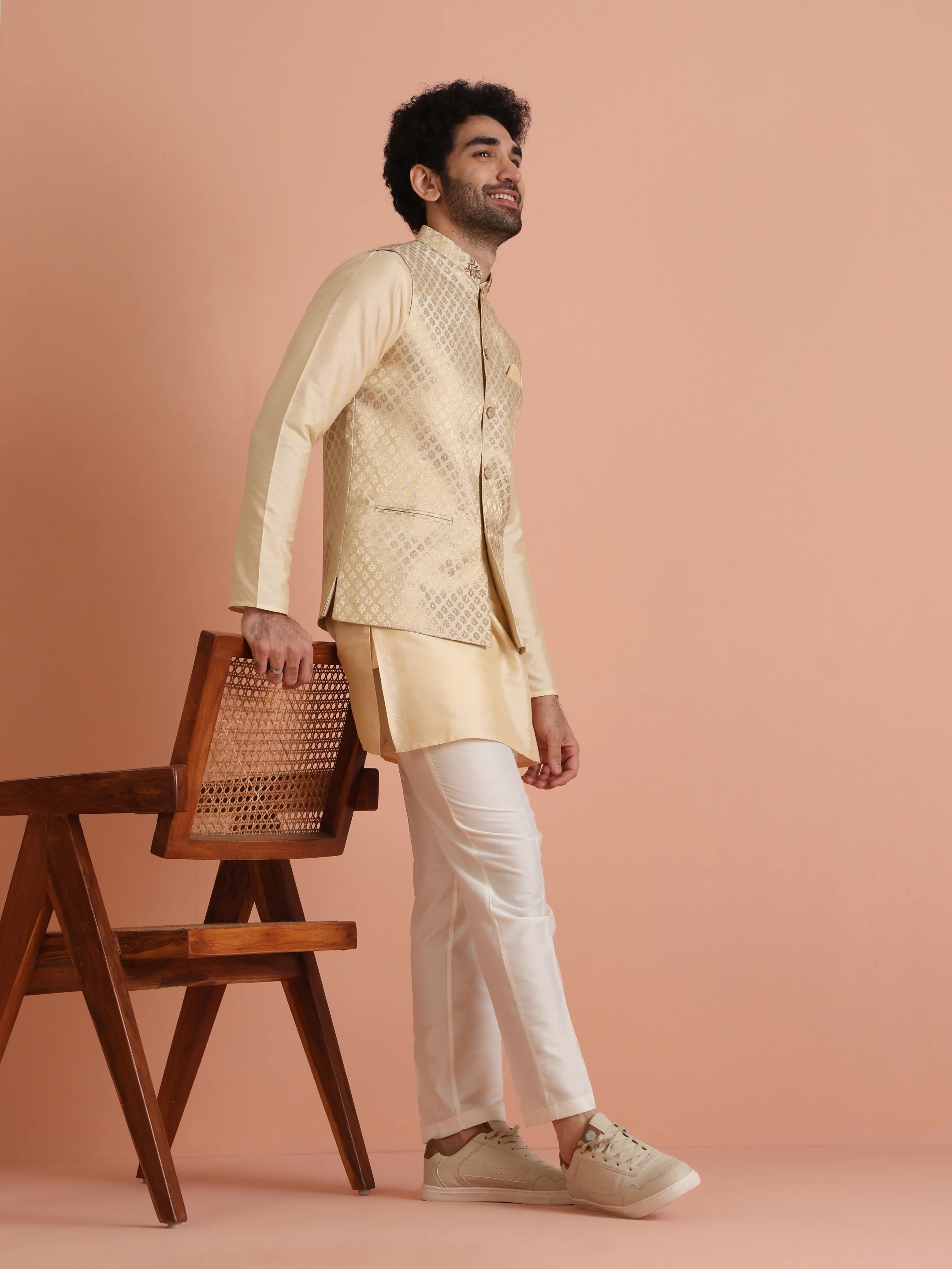 Beige Ethnic Motifs Nehru Jacket Kurta Set - Image 7