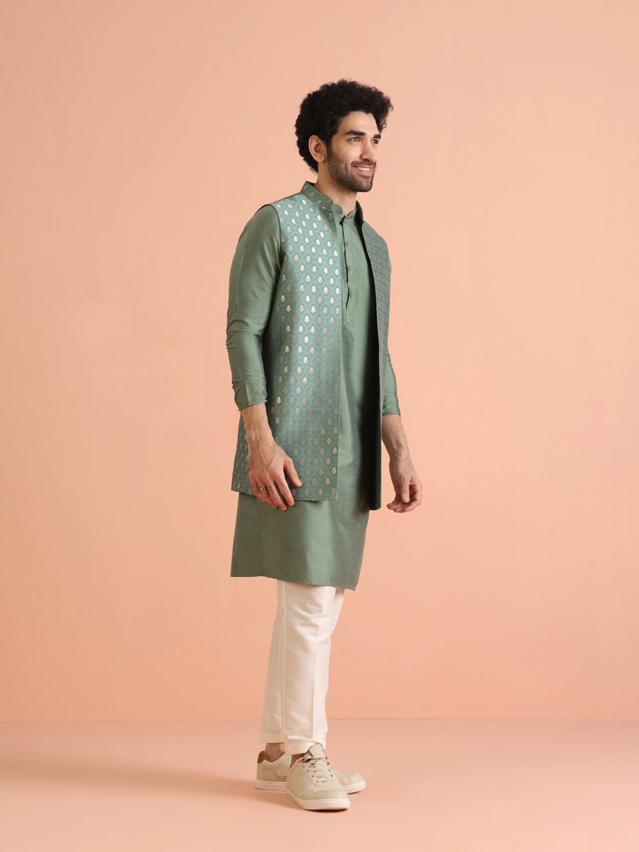 Green Silk Woven Nehru Jacket Kurta Trouser Set - Image 3