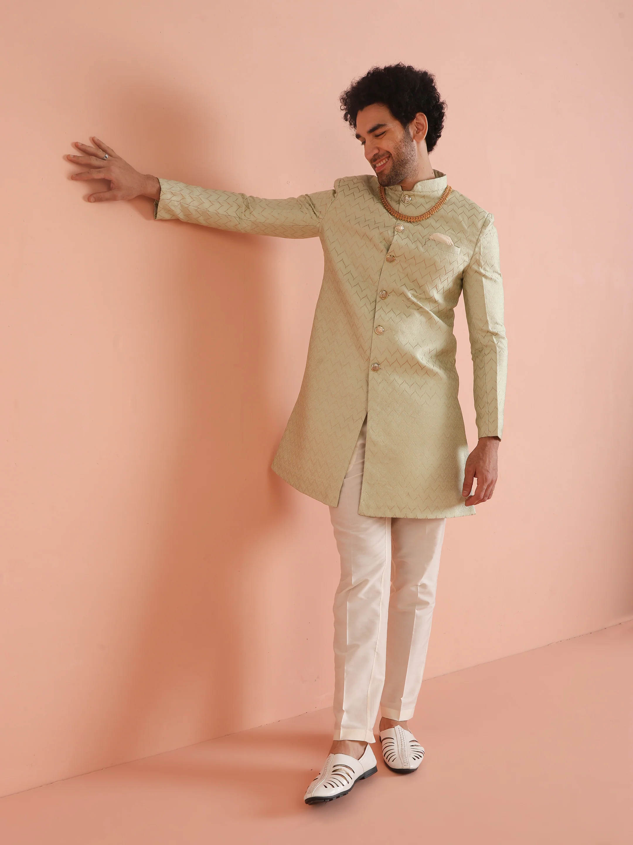 Men Green Jacquard Indowestern Trouser Set with Geometric