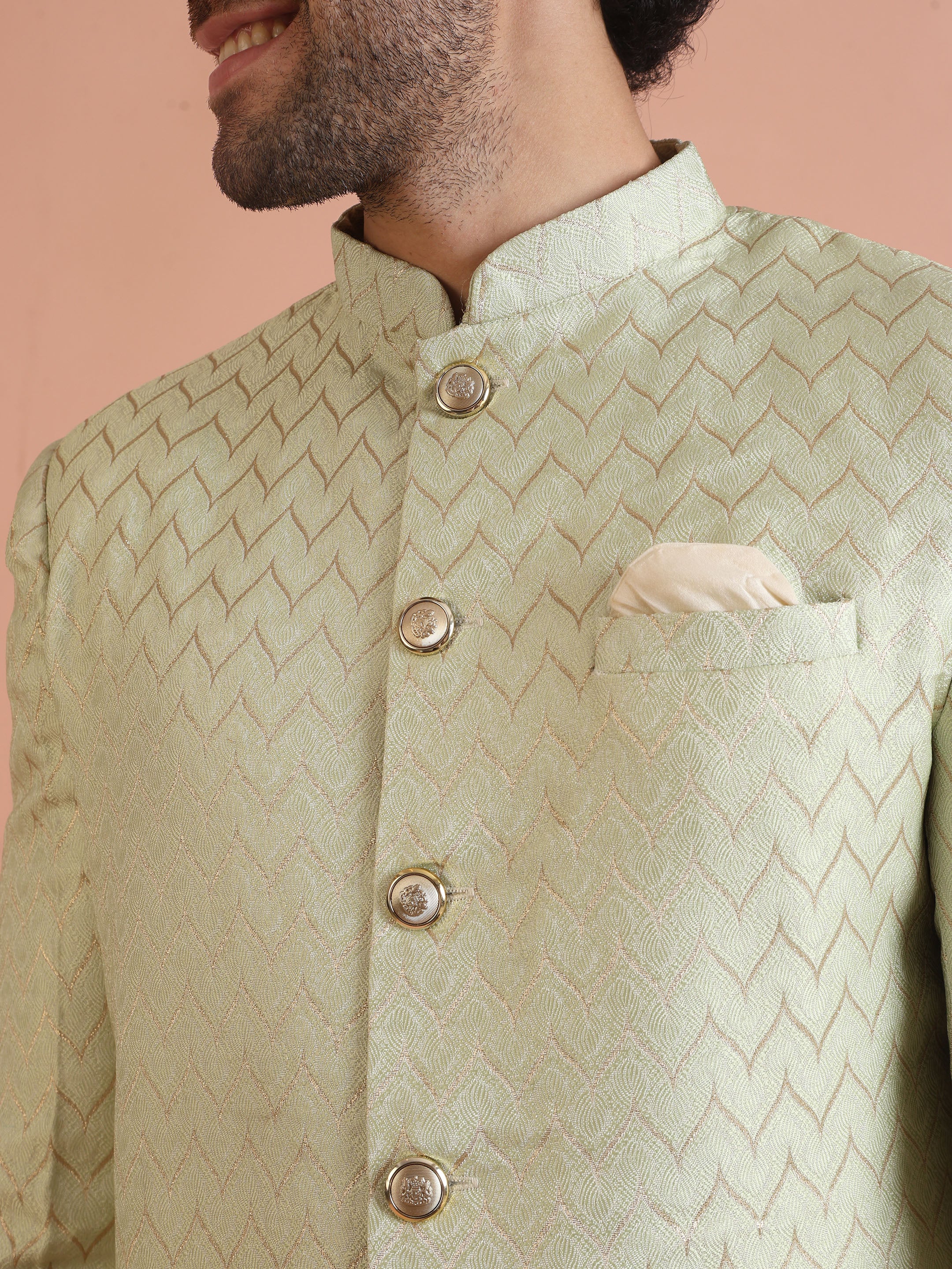 Men Green Jacquard Indowestern Trouser Set with Geometric - Image 2