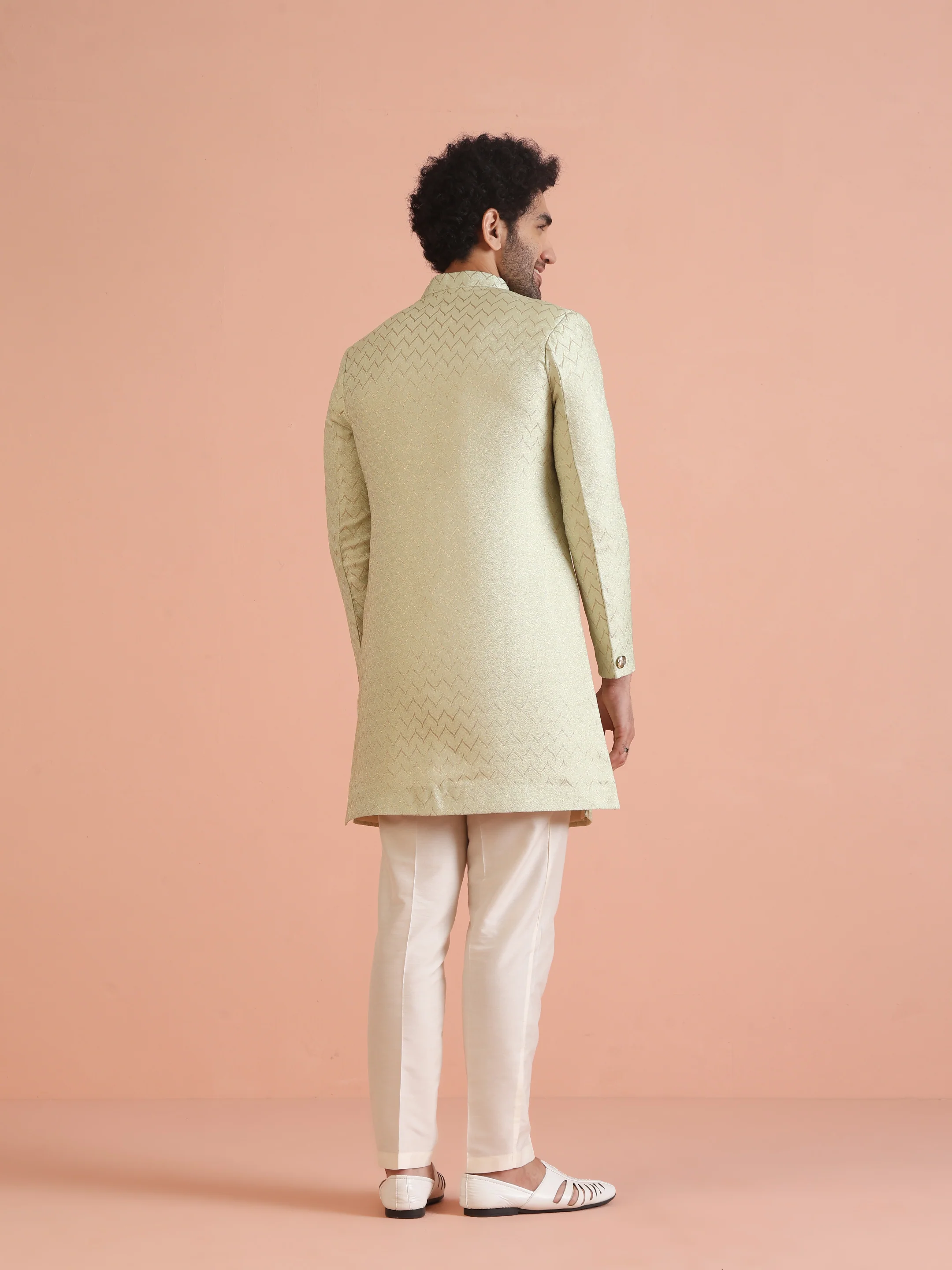 Men Green Jacquard Indowestern Trouser Set with Geometric - Image 5