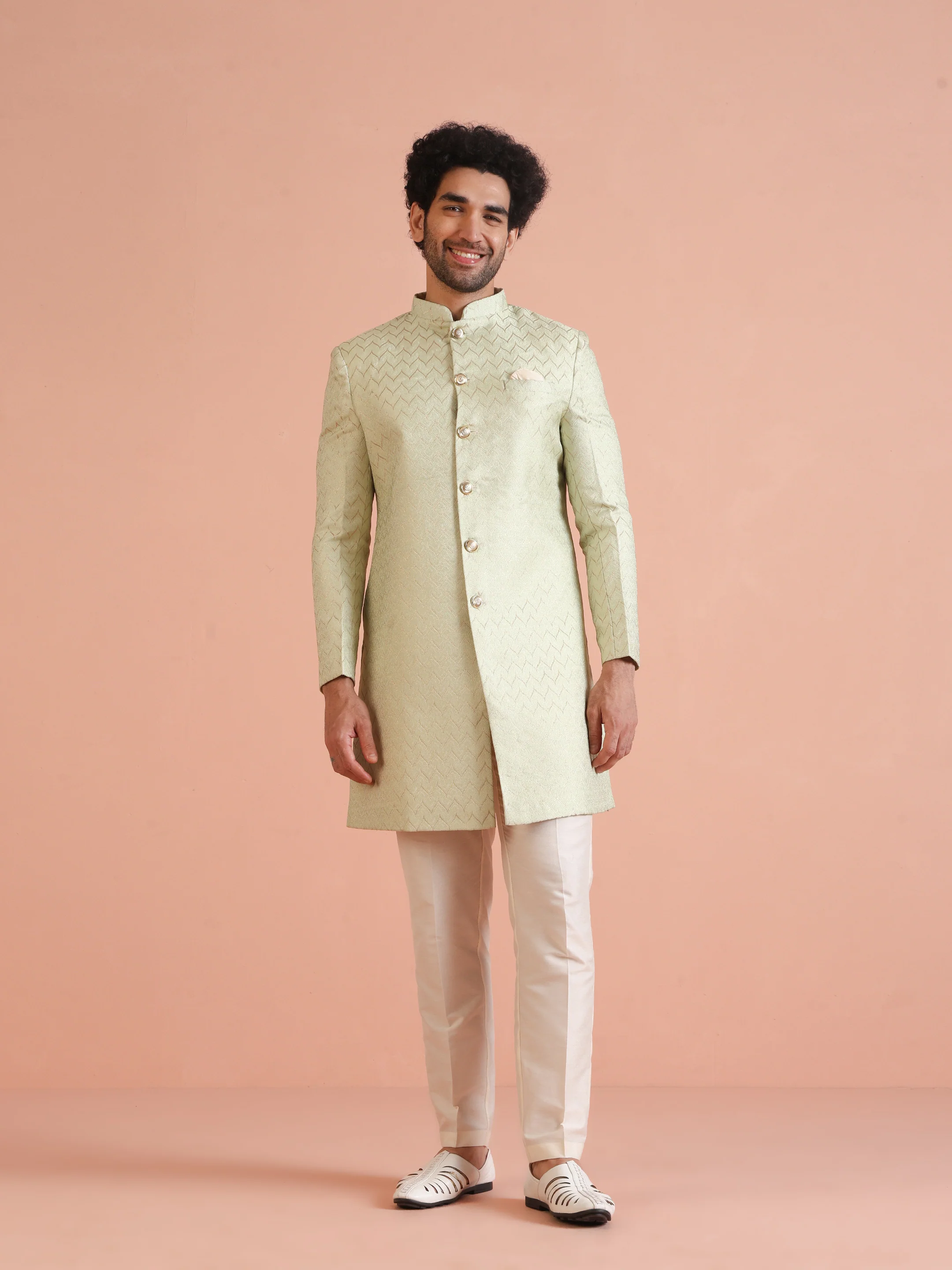 Men Green Jacquard Indowestern Trouser Set with Geometric - Image 8