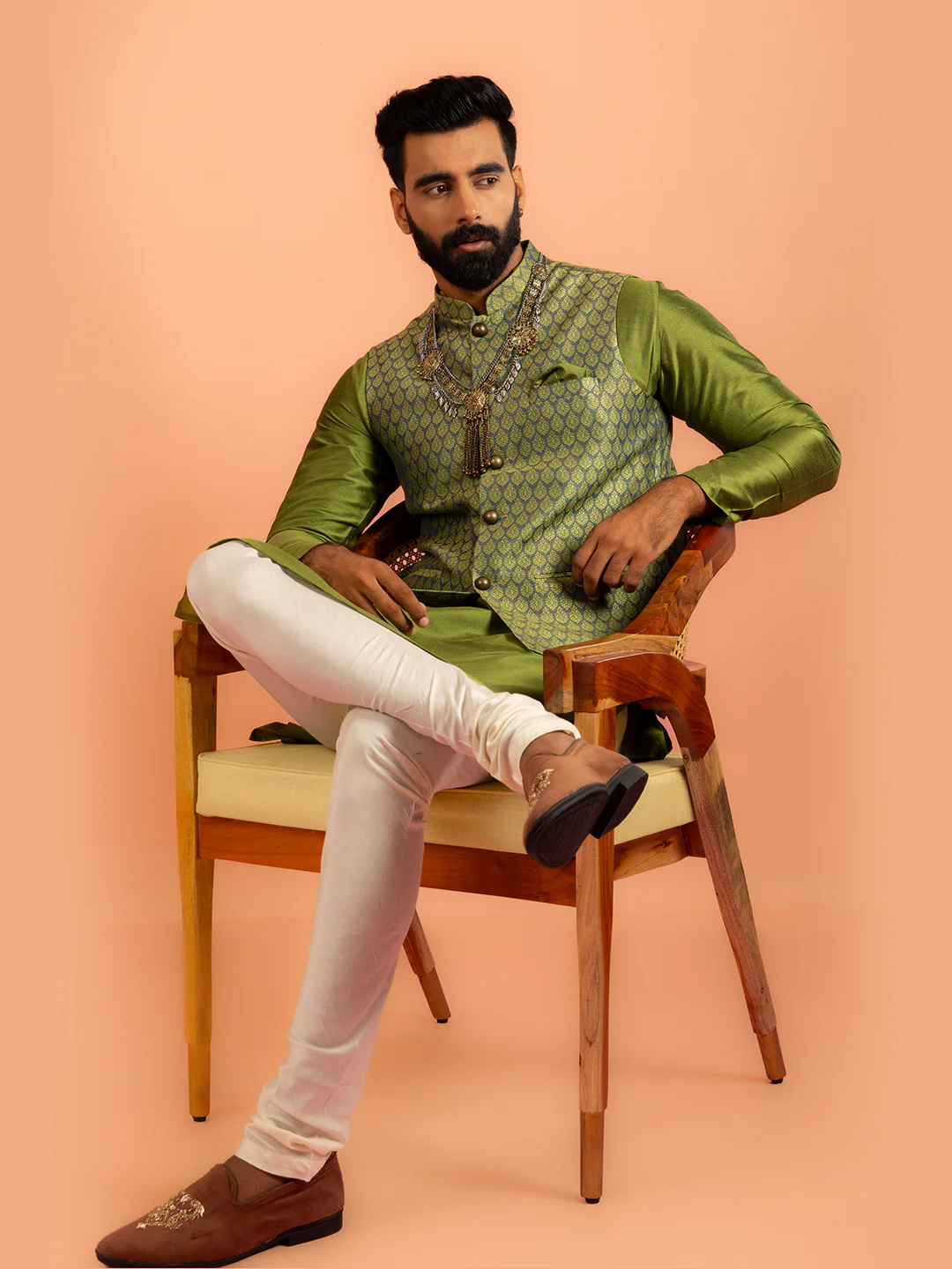 Men Green Jacquard Kurta Jacket Churidar Set with Ethnic Motifs