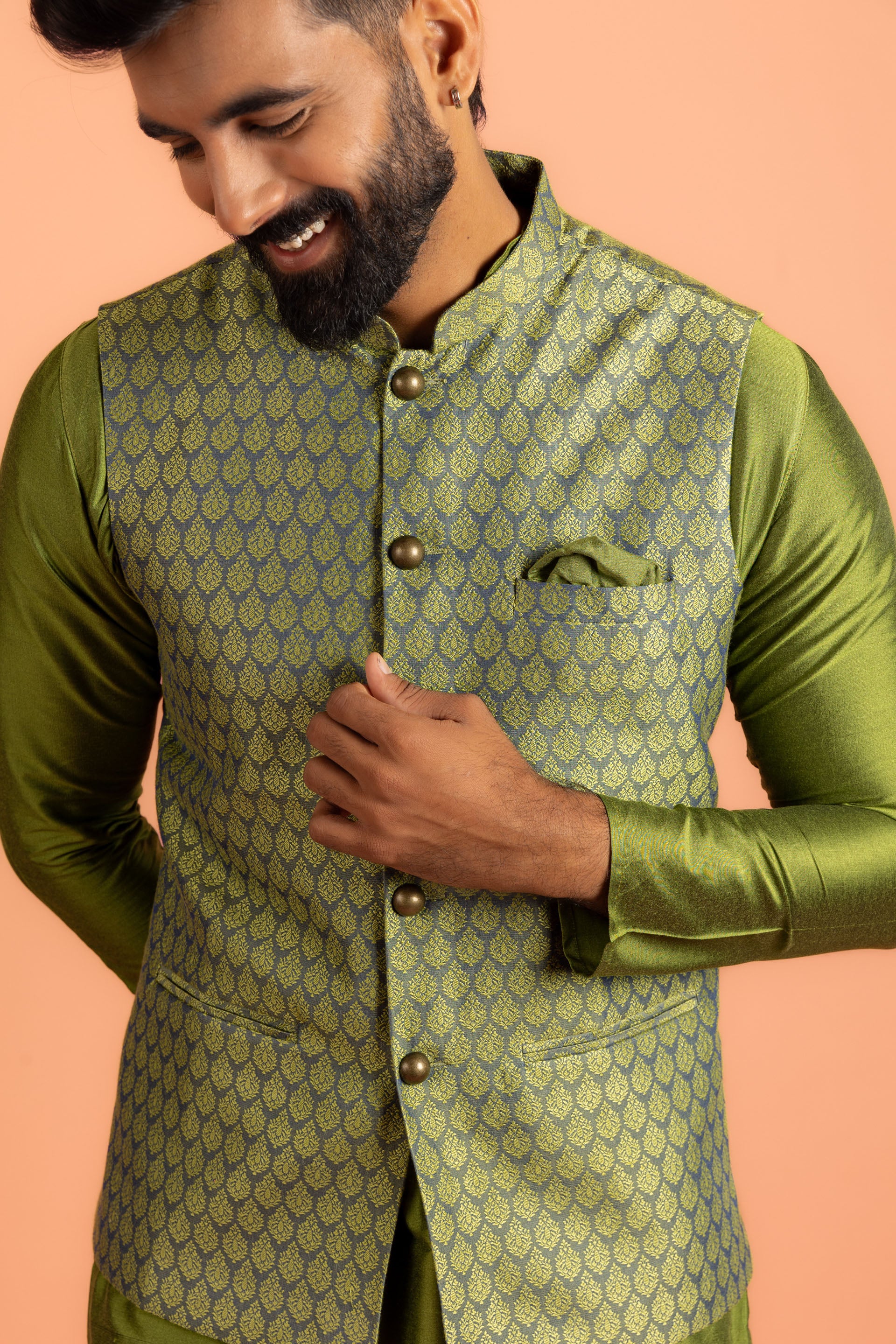 Men Green Jacquard Kurta Jacket Churidar Set with Ethnic Motifs - Image 5