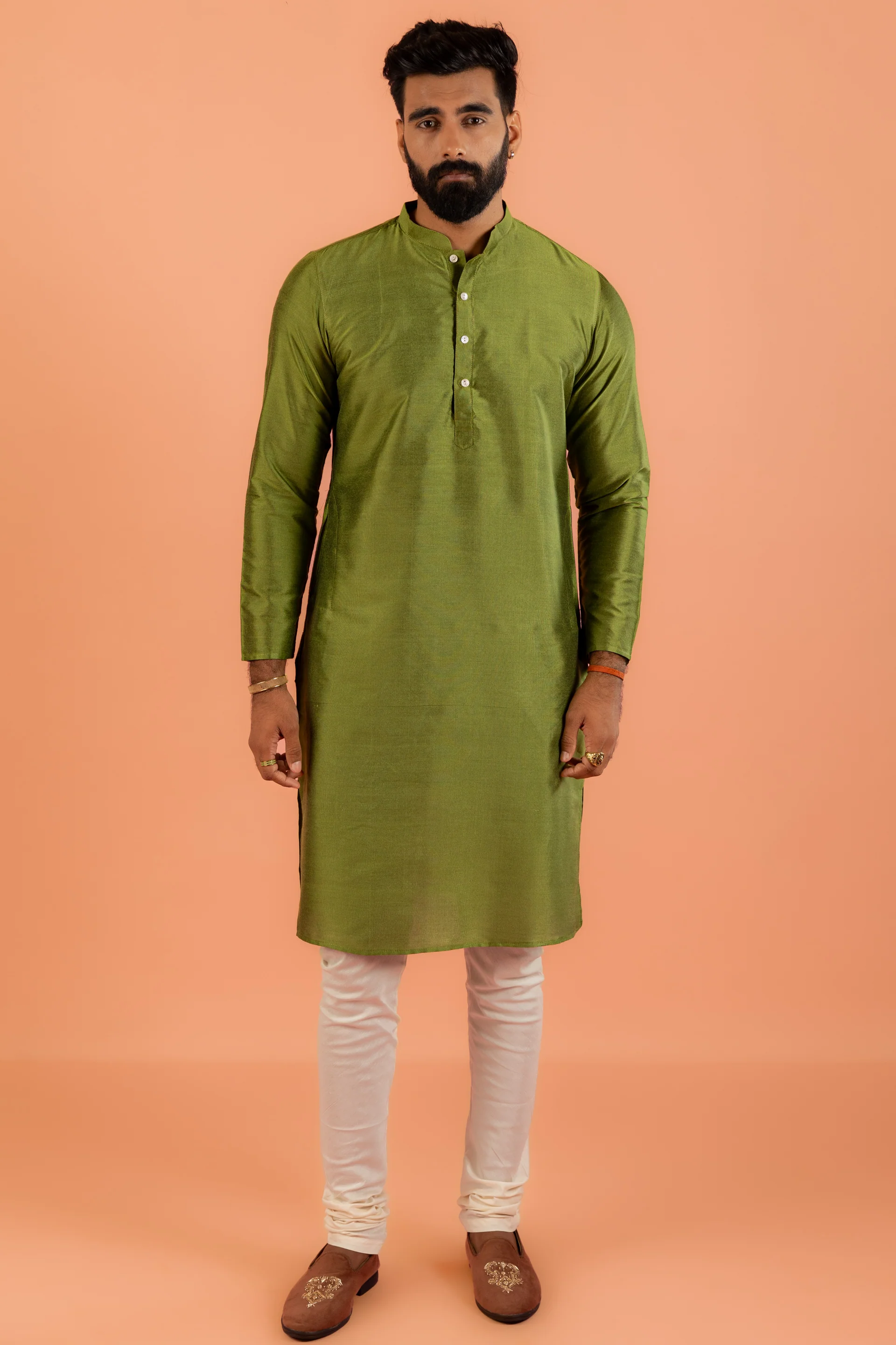 Men Green Jacquard Kurta Jacket Churidar Set with Ethnic Motifs - Image 7