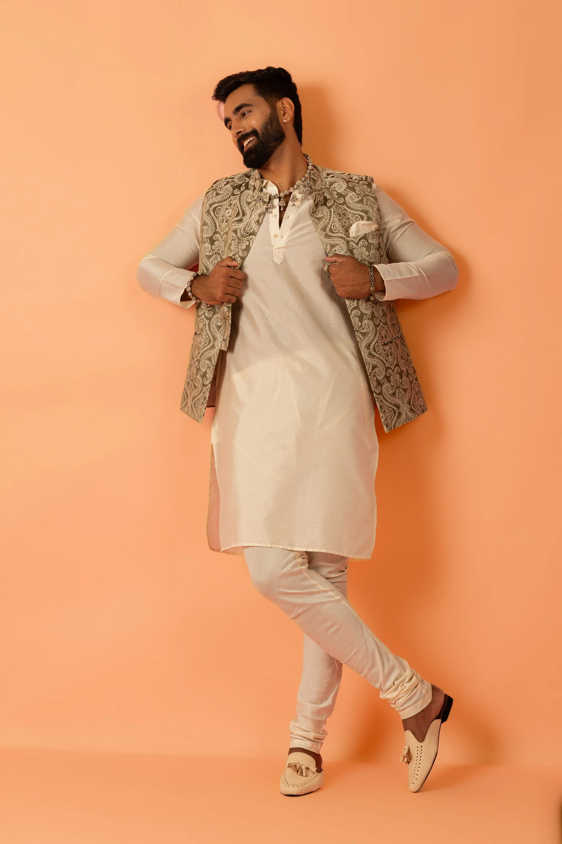 Men Green Jacquard Kurta Jacket Churidar Set with Ethnic Motifs
