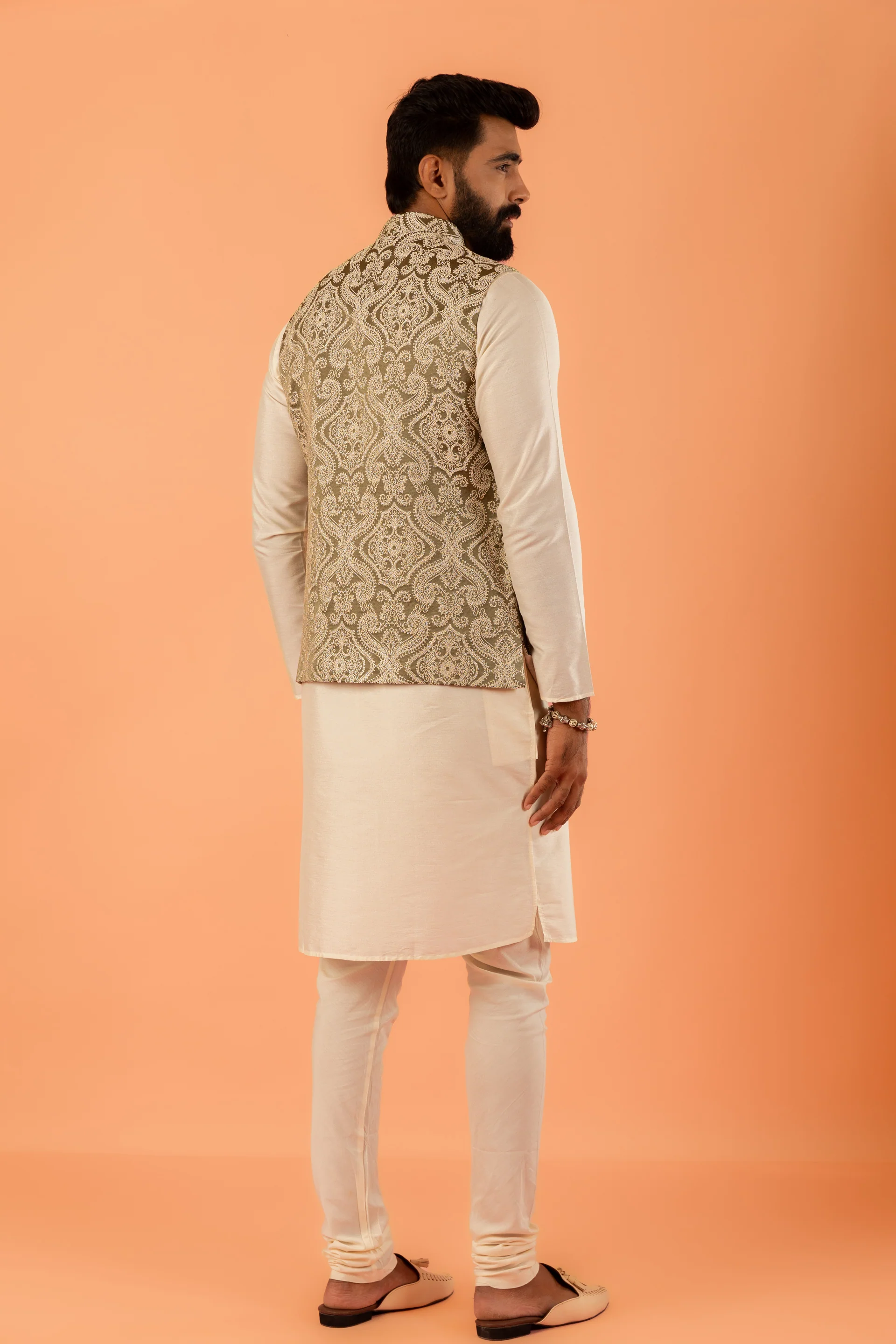 Men Green Jacquard Kurta Jacket Churidar Set with Ethnic Motifs - Image 4