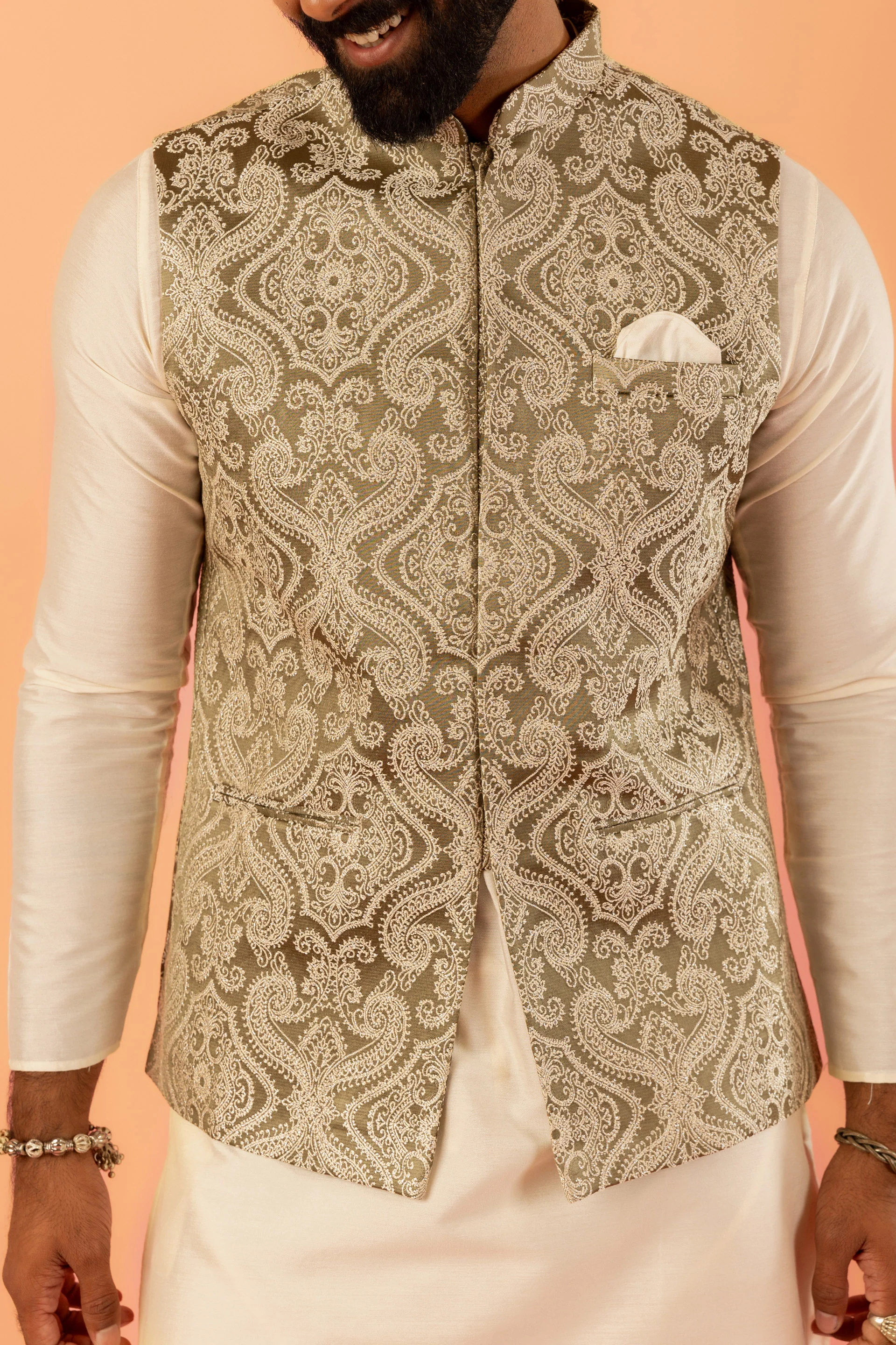 Men Green Jacquard Kurta Jacket Churidar Set with Ethnic Motifs - Image 5