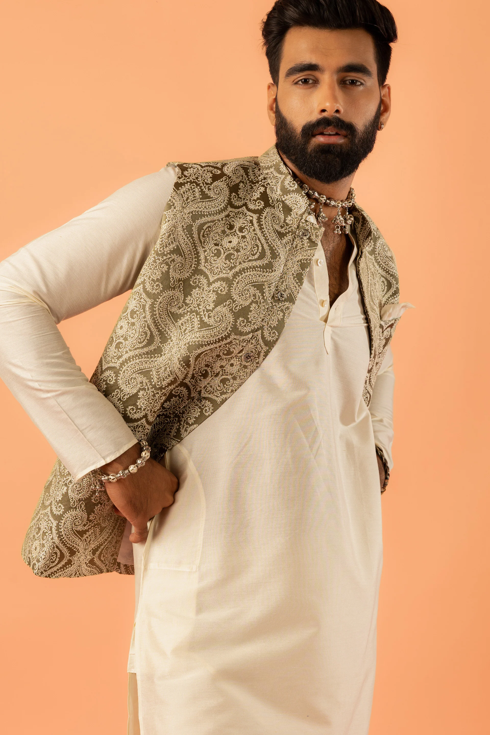 Men Green Jacquard Kurta Jacket Churidar Set with Ethnic Motifs - Image 8