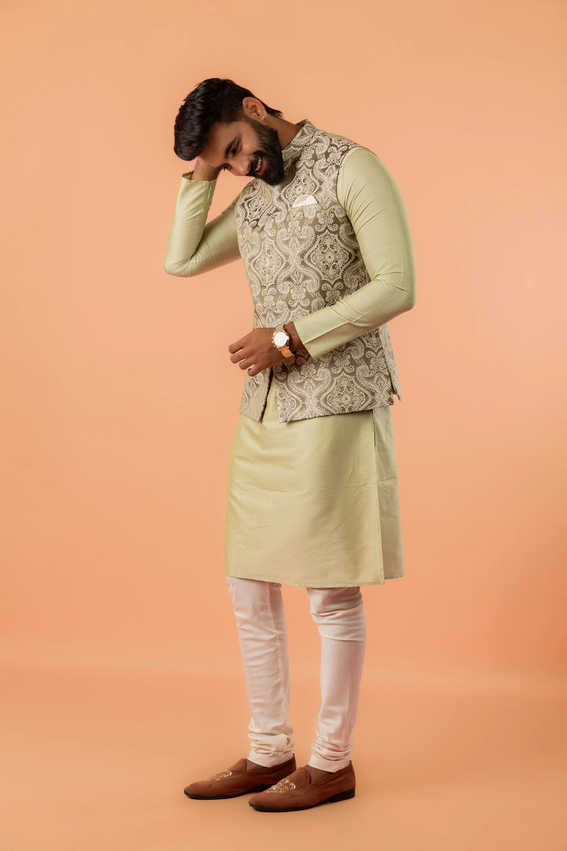 Pastel Green Kurta Jacket Churidar Set - Image 3